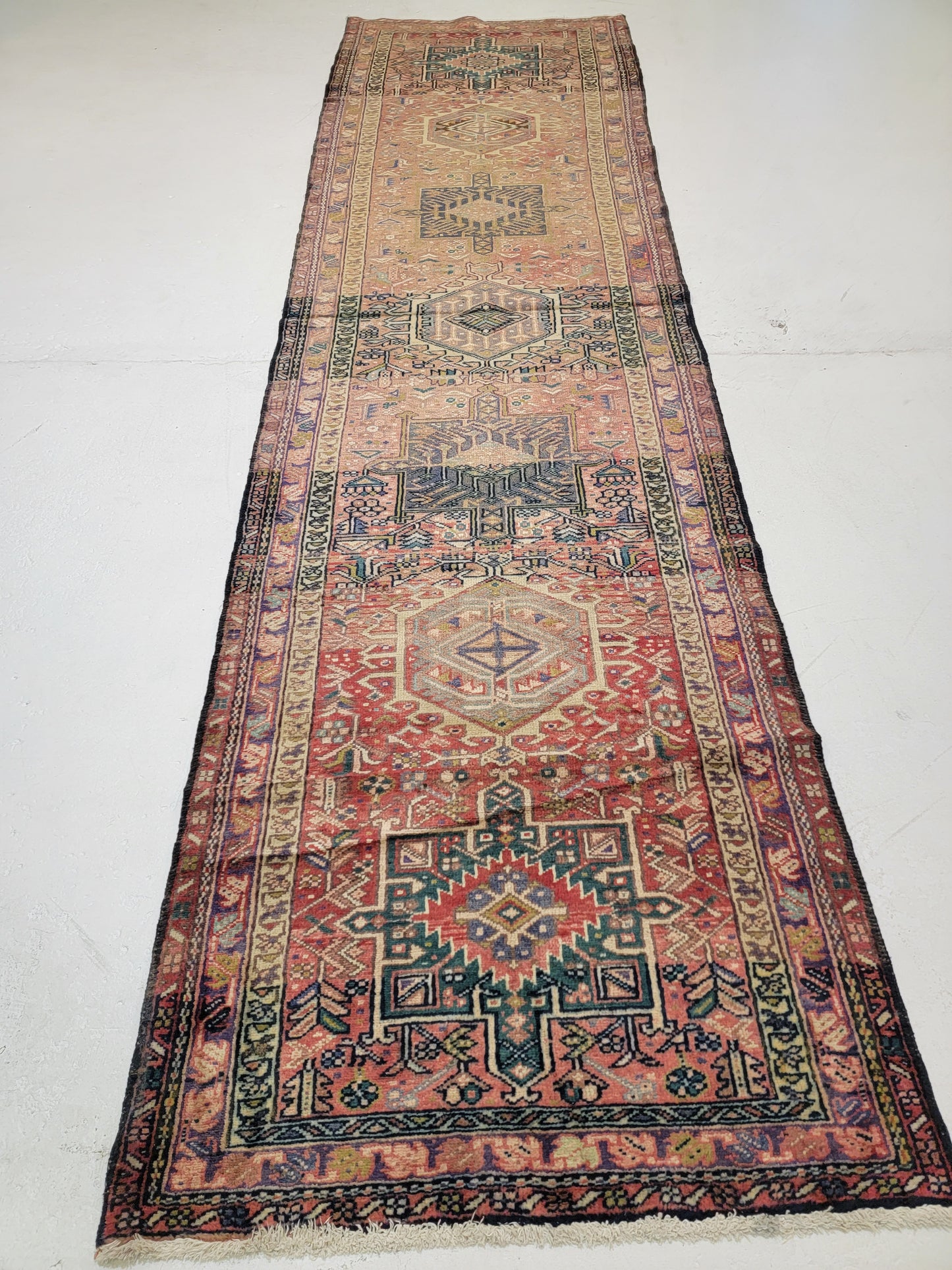 Antique Hand-Knotted Wool Runner Heriz Karajeh 3' x 11'5"