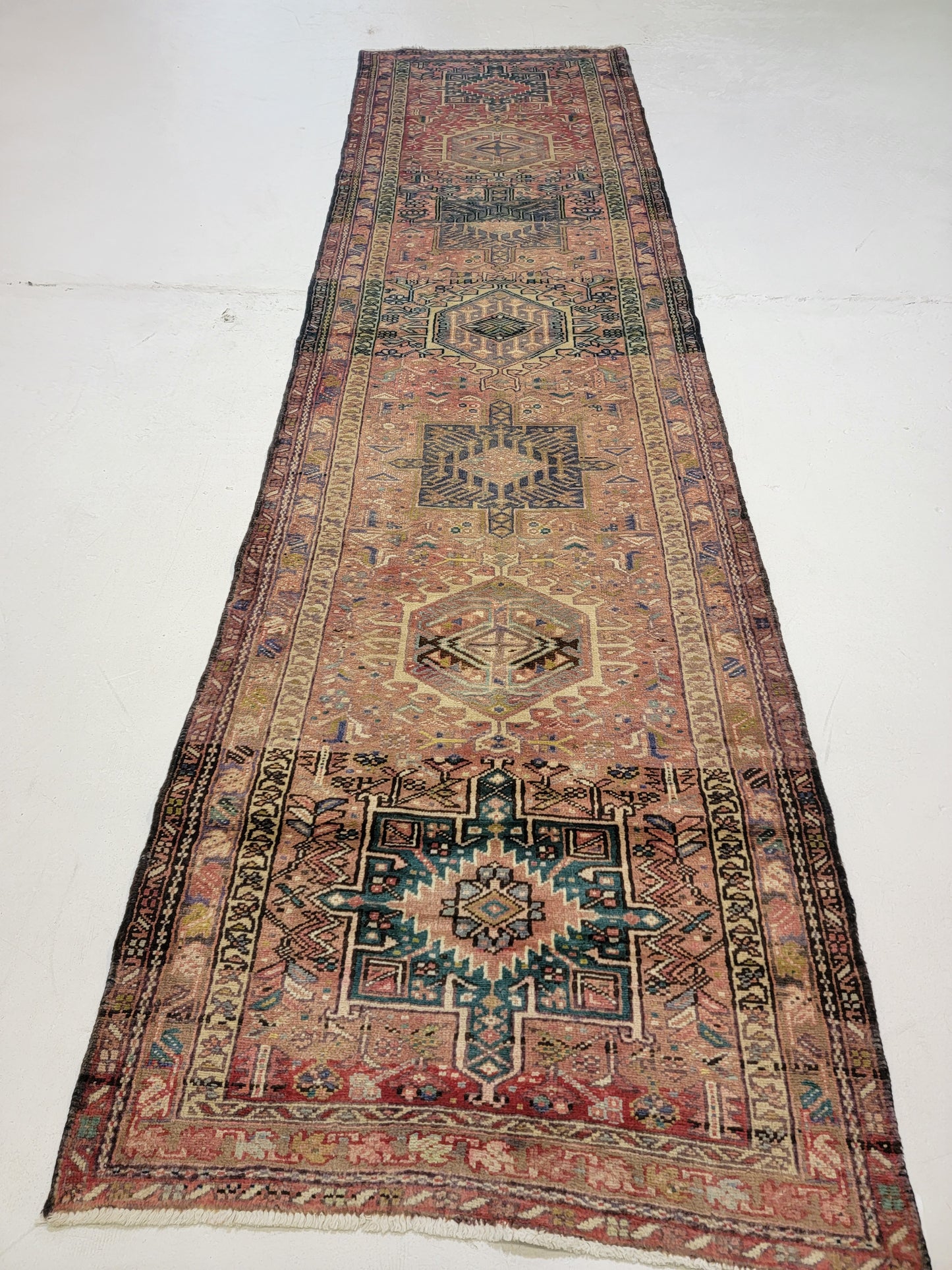 Antique Hand-Knotted Wool Runner Heriz Karajeh 3' x 11'5"