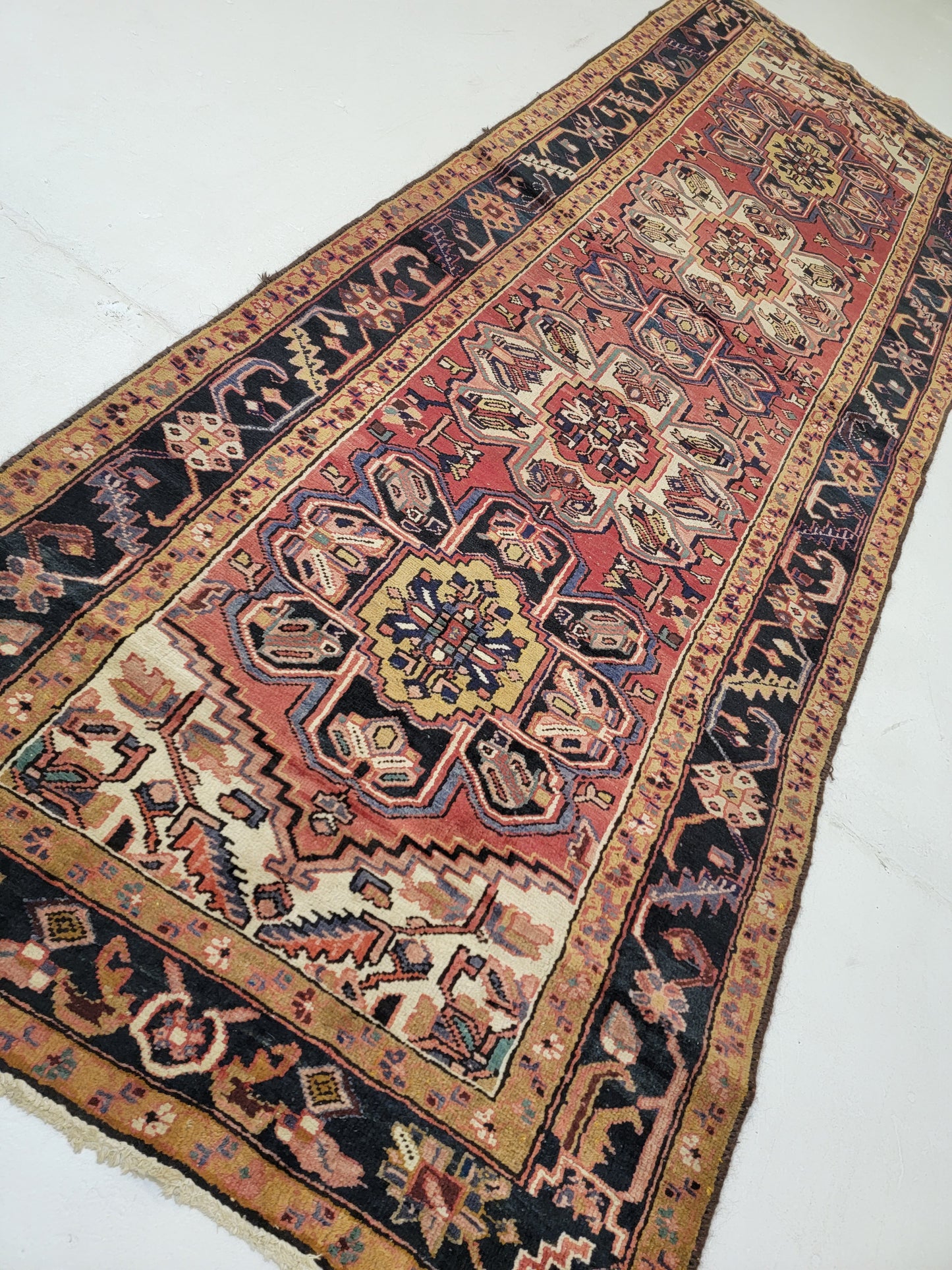 Antique Hand-Knotted Wool Runner Heriz Ahar 3'6" x 10'1"