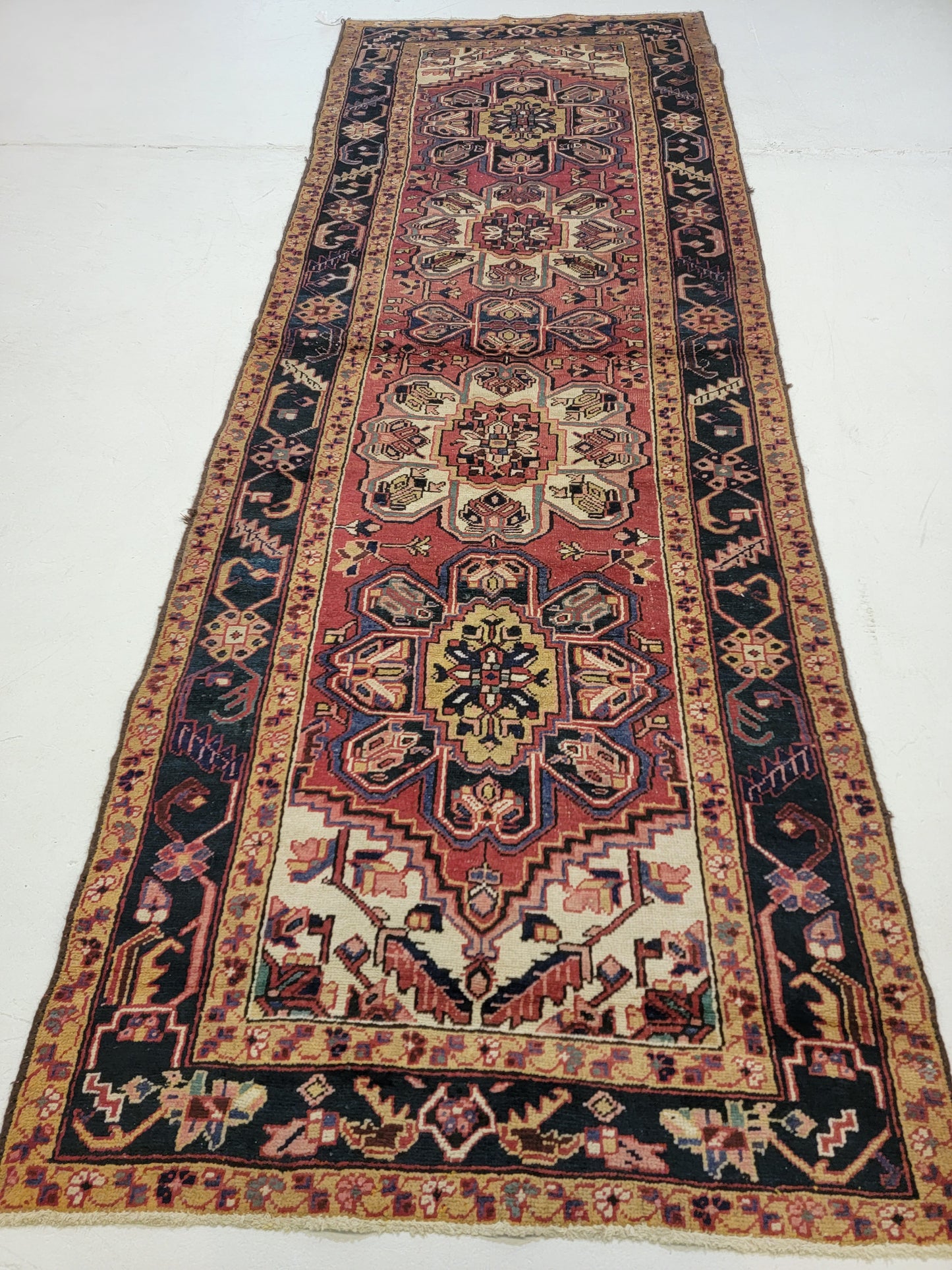 Antique Hand-Knotted Wool Runner Heriz Ahar 3'6" x 10'1"