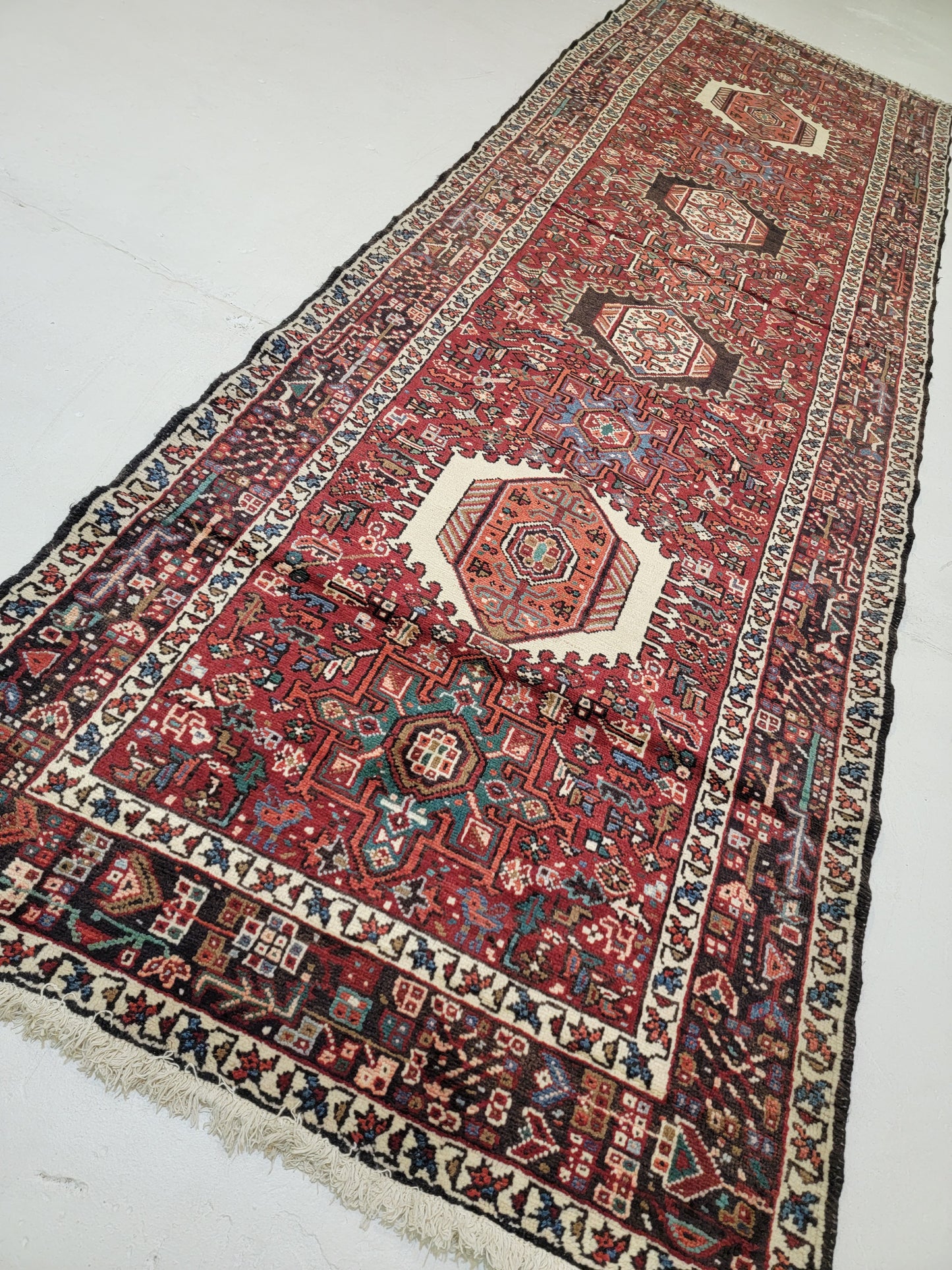 Antique Hand-Knotted Wool Runner Heriz Karajeh 3'7" x 11'7"