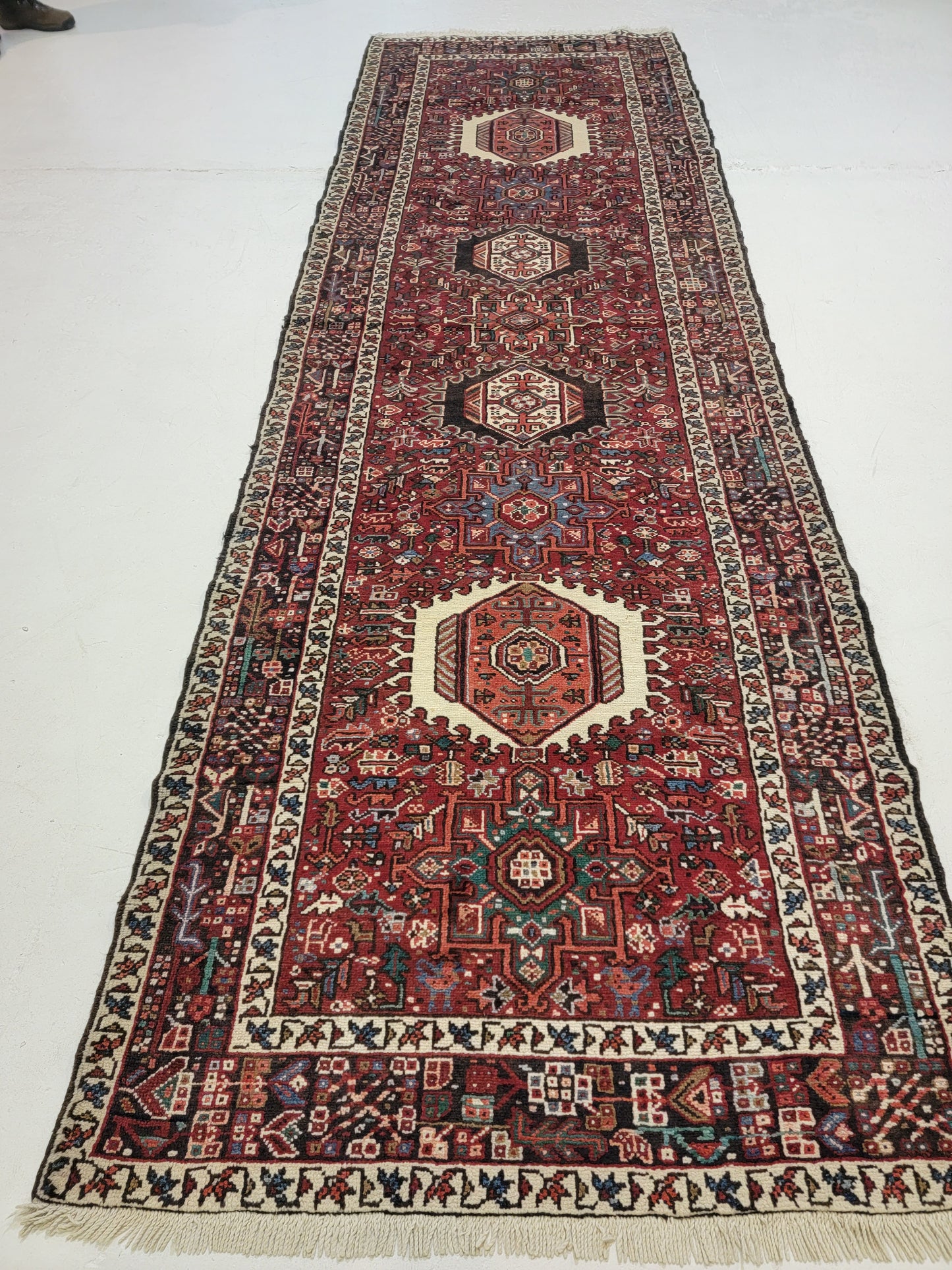 Antique Hand-Knotted Wool Runner Heriz Karajeh 3'7" x 11'7"