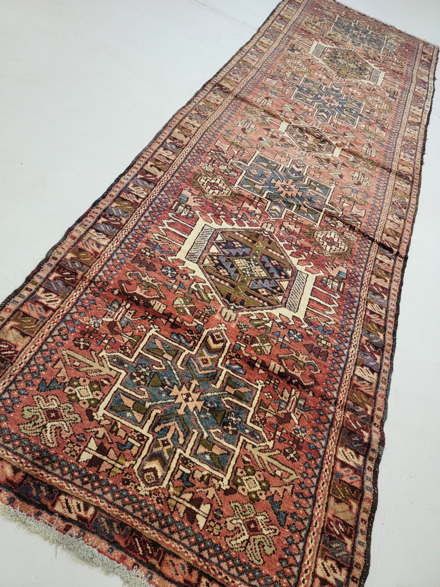 Antique Hand-Knotted Wool Runner Heriz Karajeh 3'2" x 11'9"