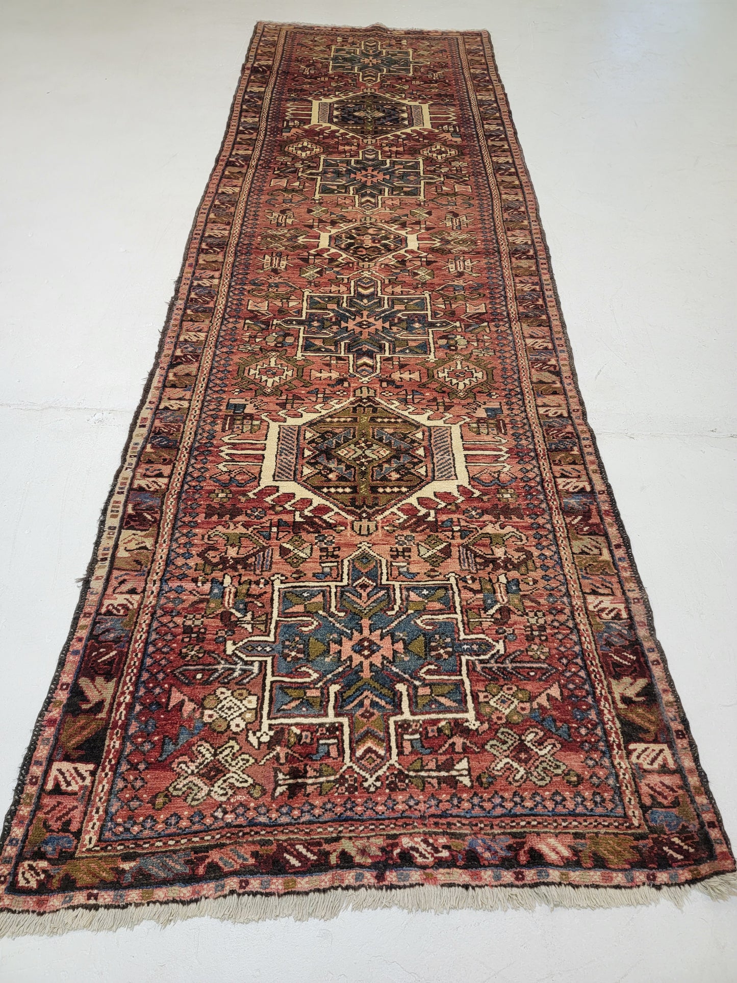 Antique Hand-Knotted Wool Runner Heriz Karajeh 3'2" x 11'9"