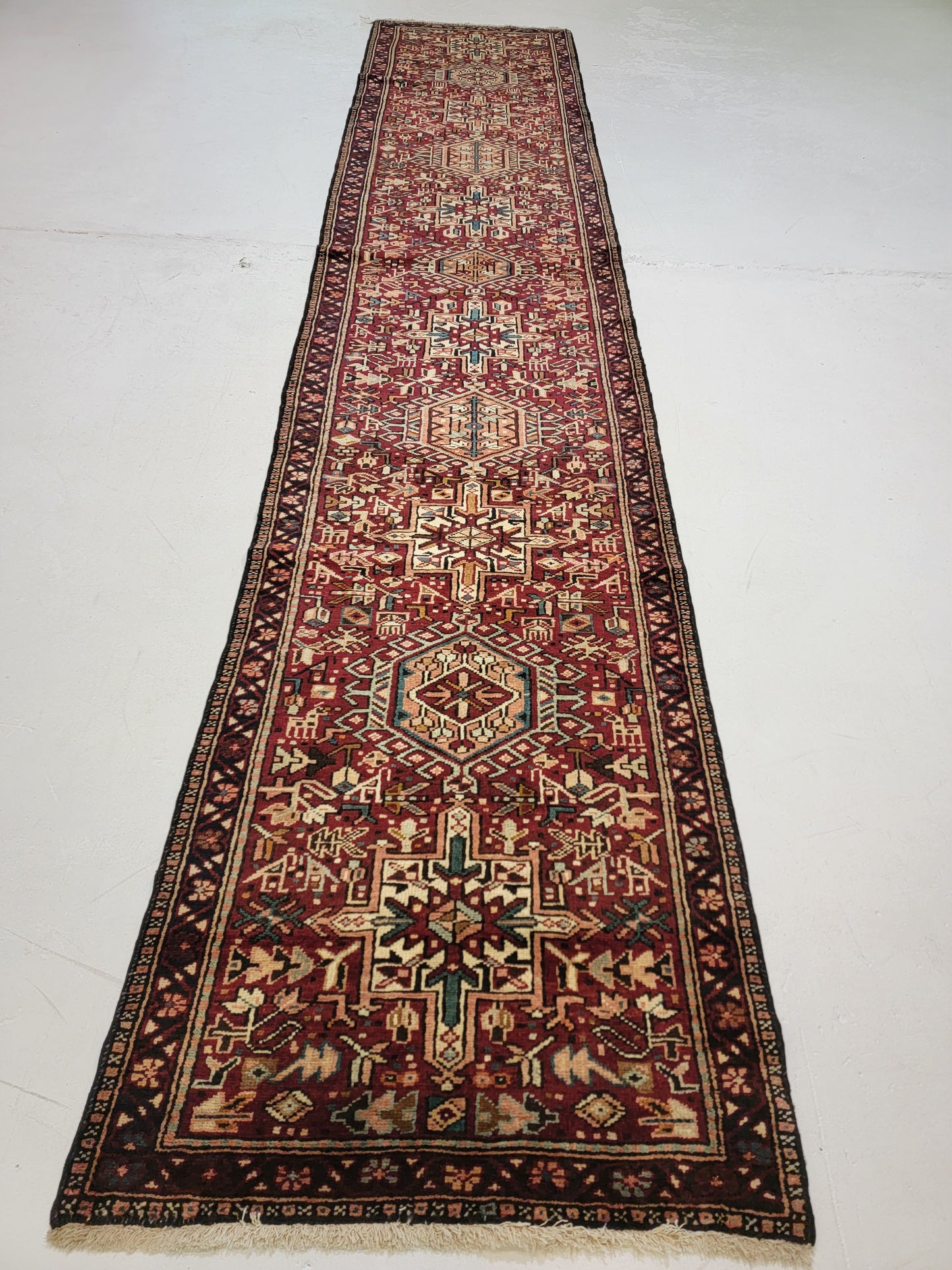 Antique Hand-Knotted Wool Runner Heriz Karajeh 2'9" x 14'4"