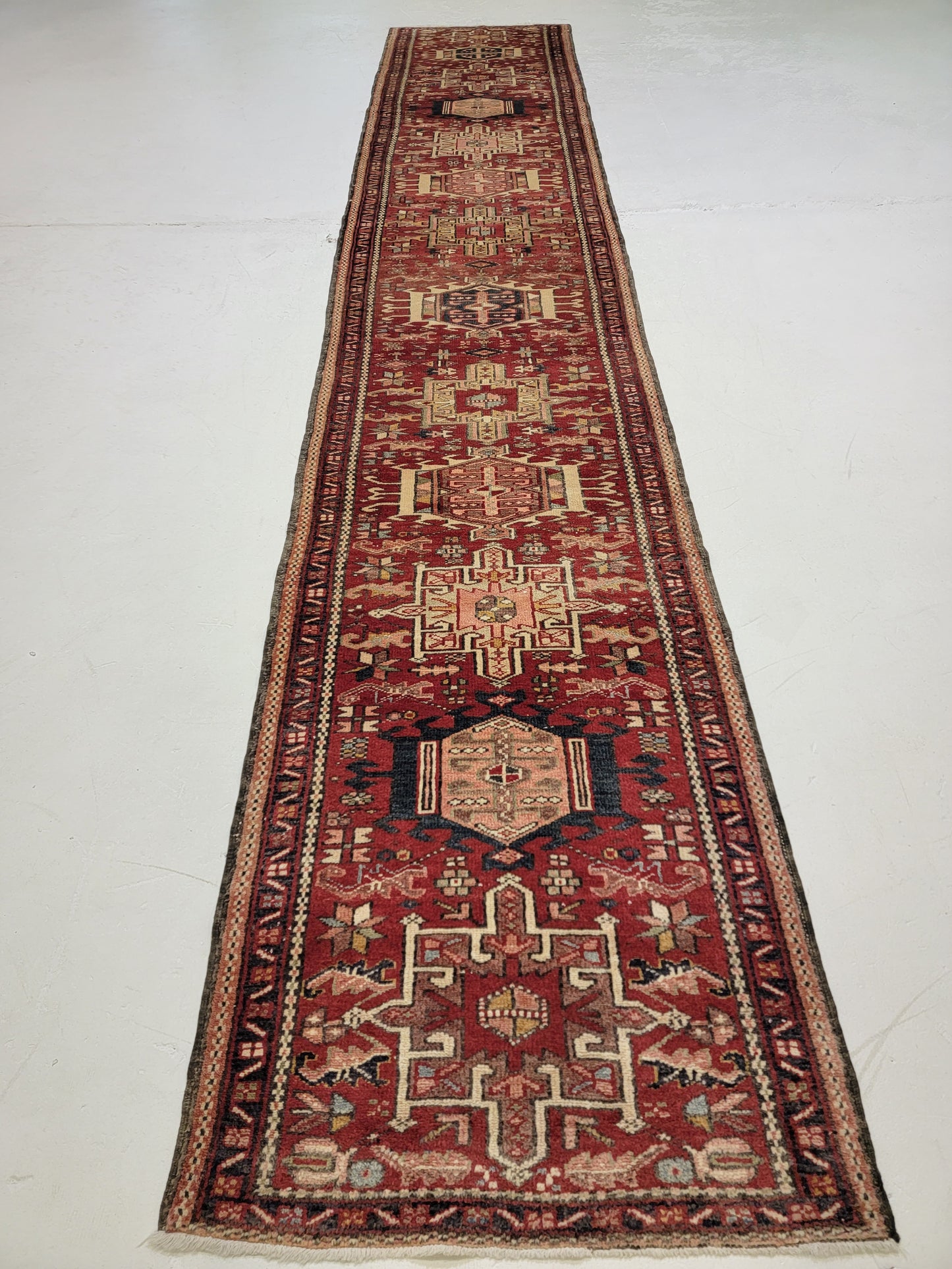 Antique Hand-Knotted Wool Runner Heriz Karajeh 2'9" x 14'10"