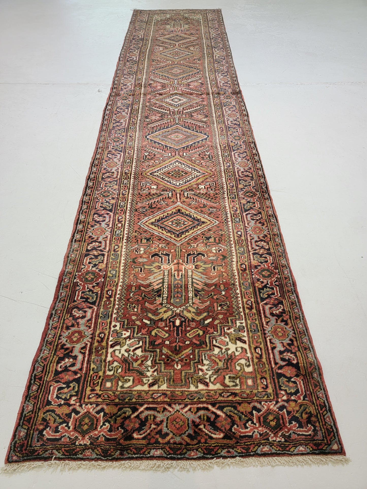 Antique Hand-Knotted Wool Runner Heriz Karajeh 3'7" x 15'11"