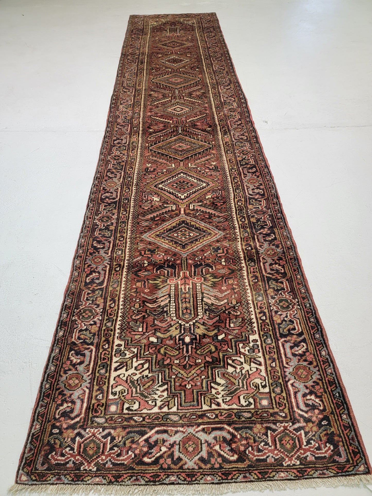 Antique Hand-Knotted Wool Runner Heriz Karajeh 3'7" x 15'11"