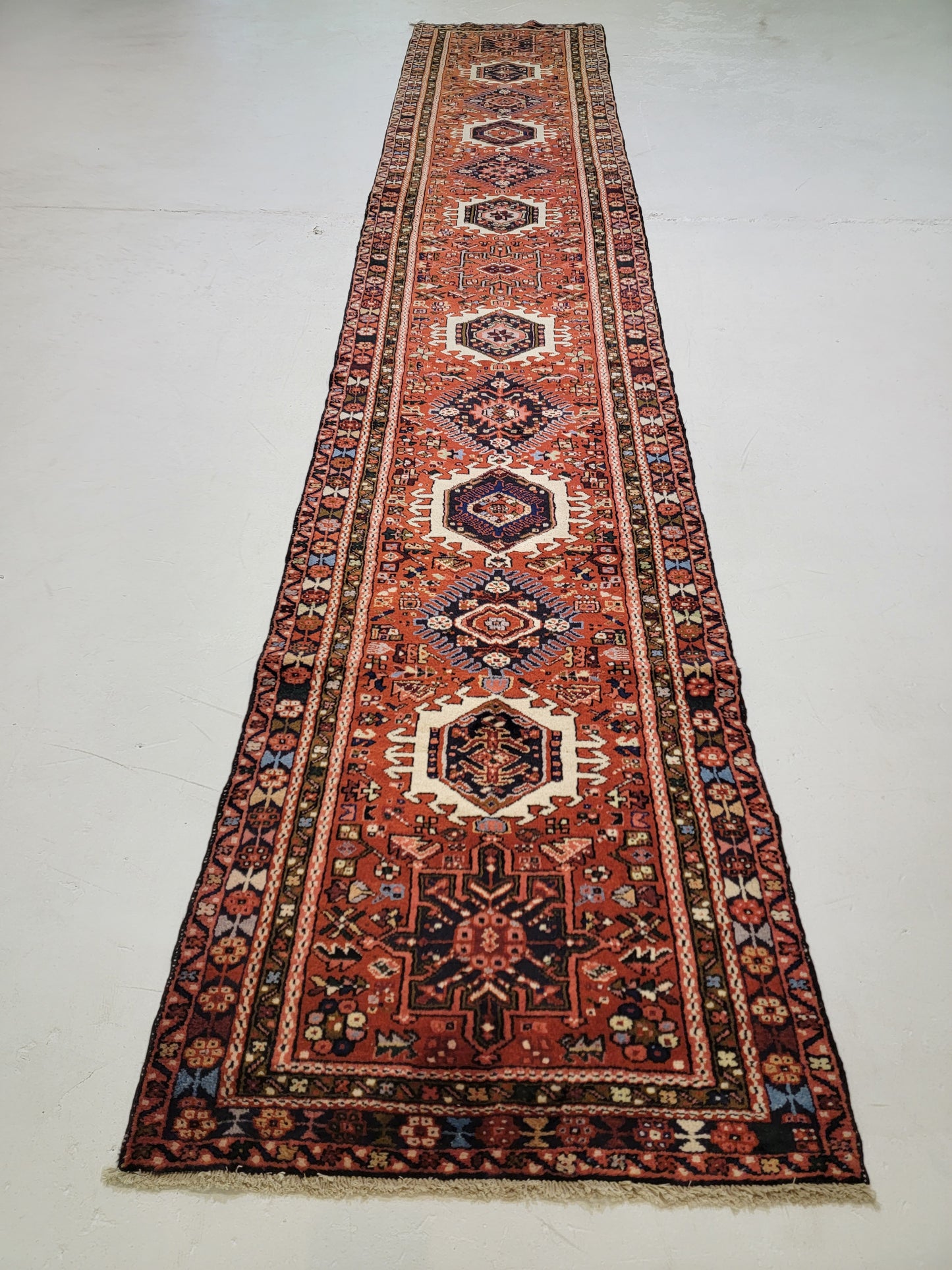 Antique Hand-Knotted Wool Runner Heriz Karajeh 2'10" x 15'8"
