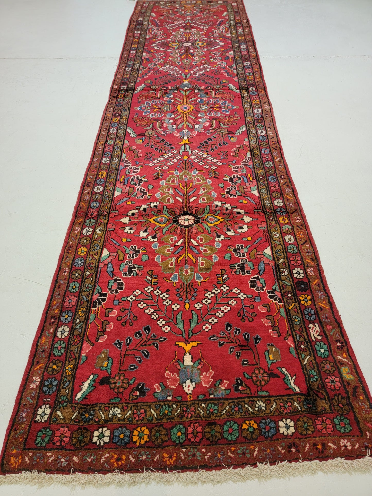 Antique Hand-Knotted Wool Runner Hamedan Rudbar 3'6" x 13'8"