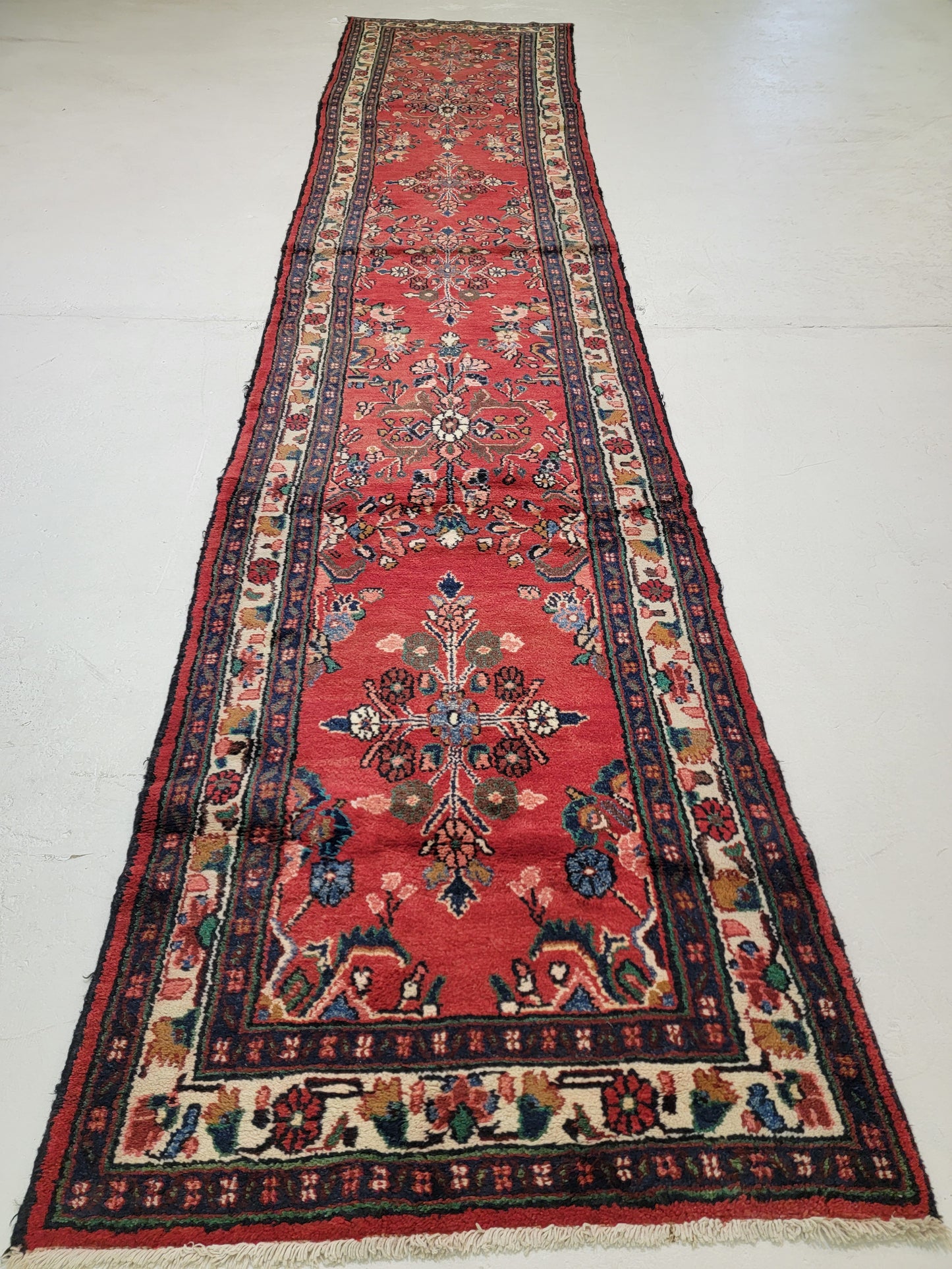 Antique Hand-Knotted Wool Runner Hamedan 3'6" x 16'7"