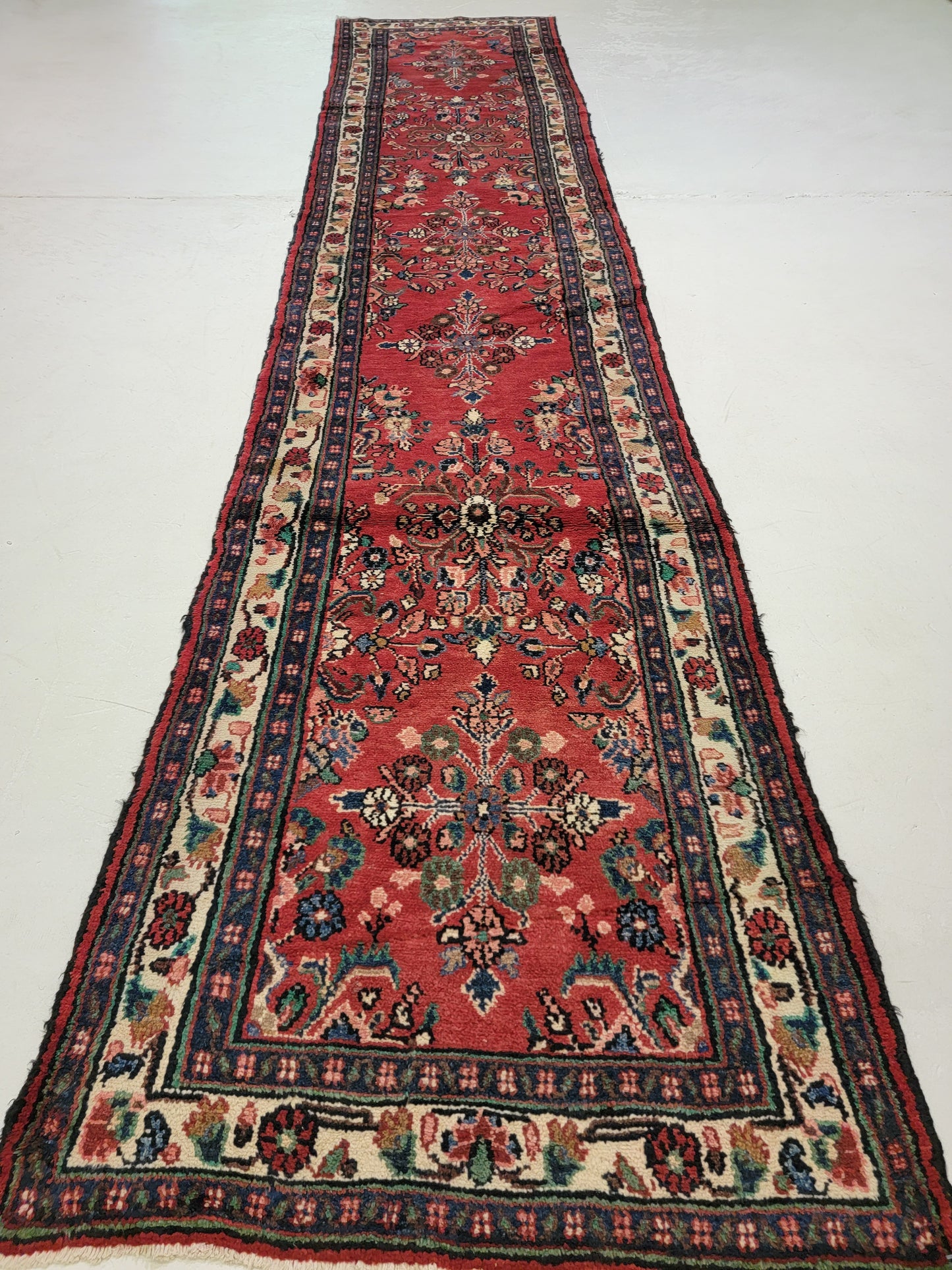 Antique Hand-Knotted Wool Runner Hamedan 3'6" x 16'7"