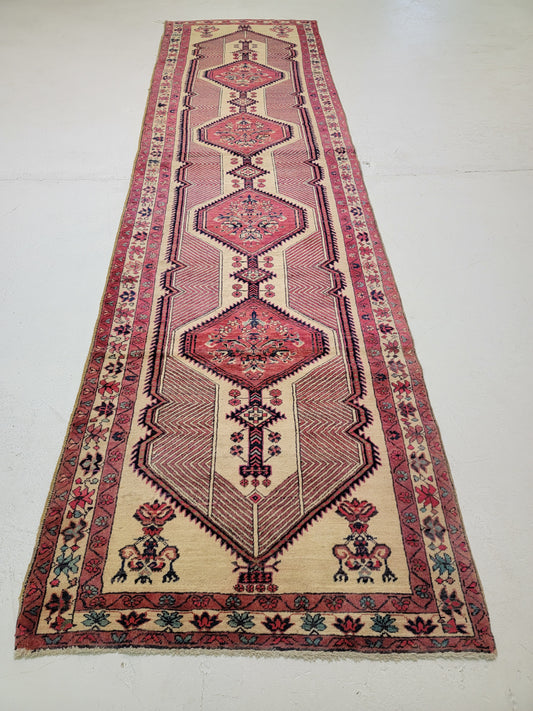 Antique Hand-Knotted Wool Runner Sarab Camel Hair 3'6" x 12'11"