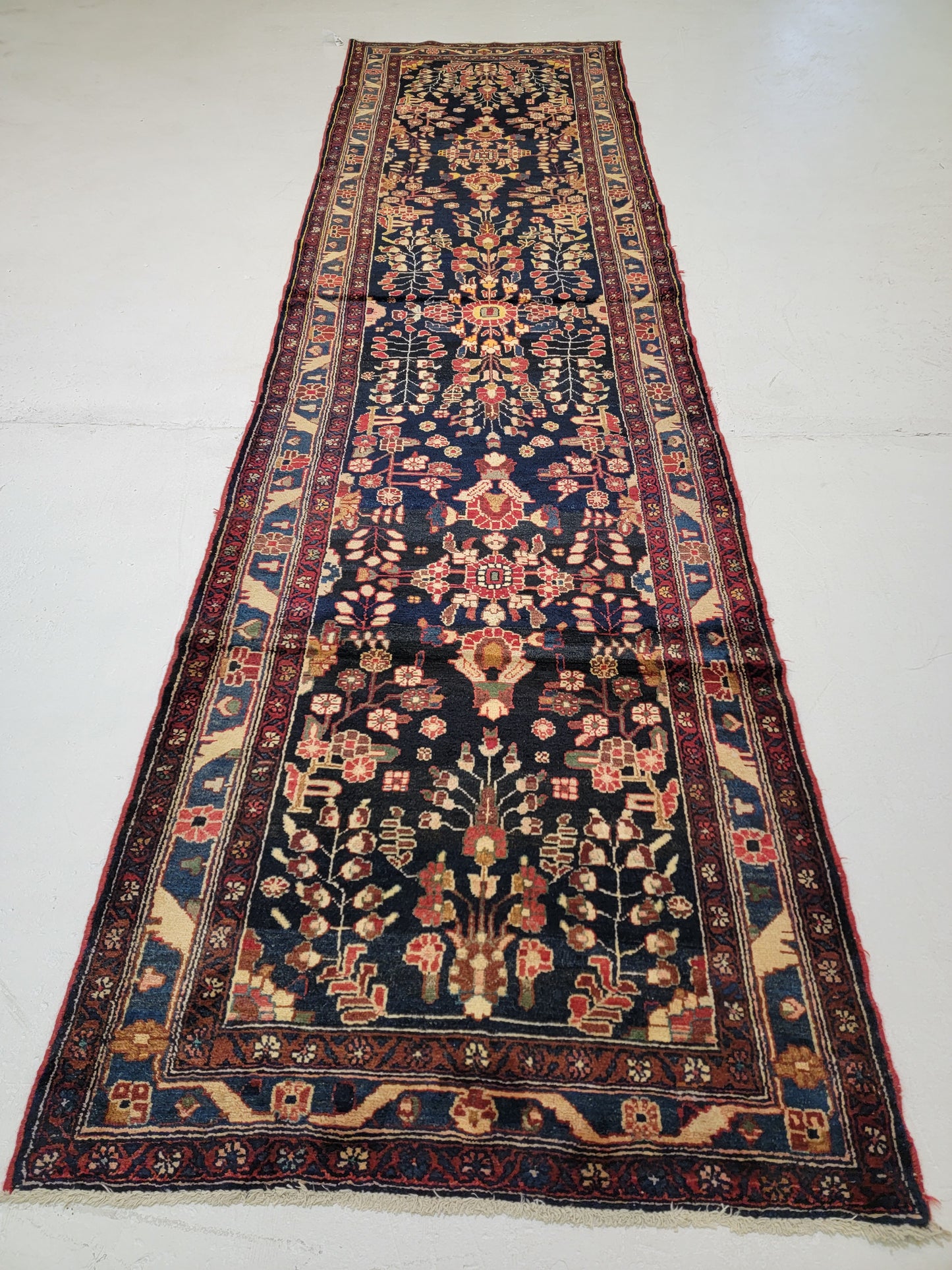 Antique Hand-Knotted Wool Runner Hamedan 3'6" x 13'3"