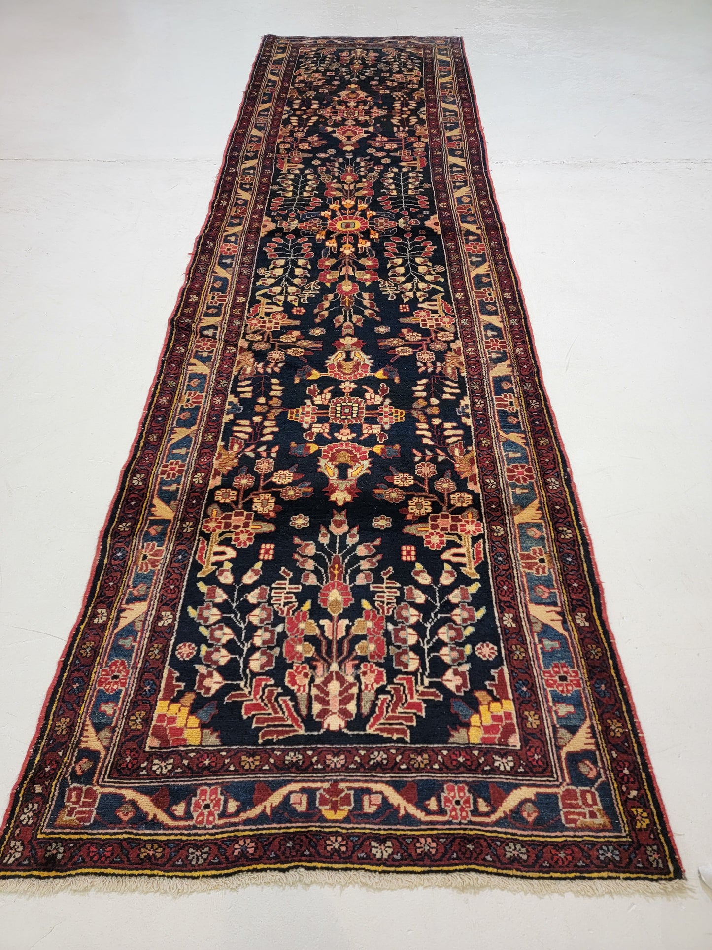 Antique Hand-Knotted Wool Runner Hamedan 3'6" x 13'3"