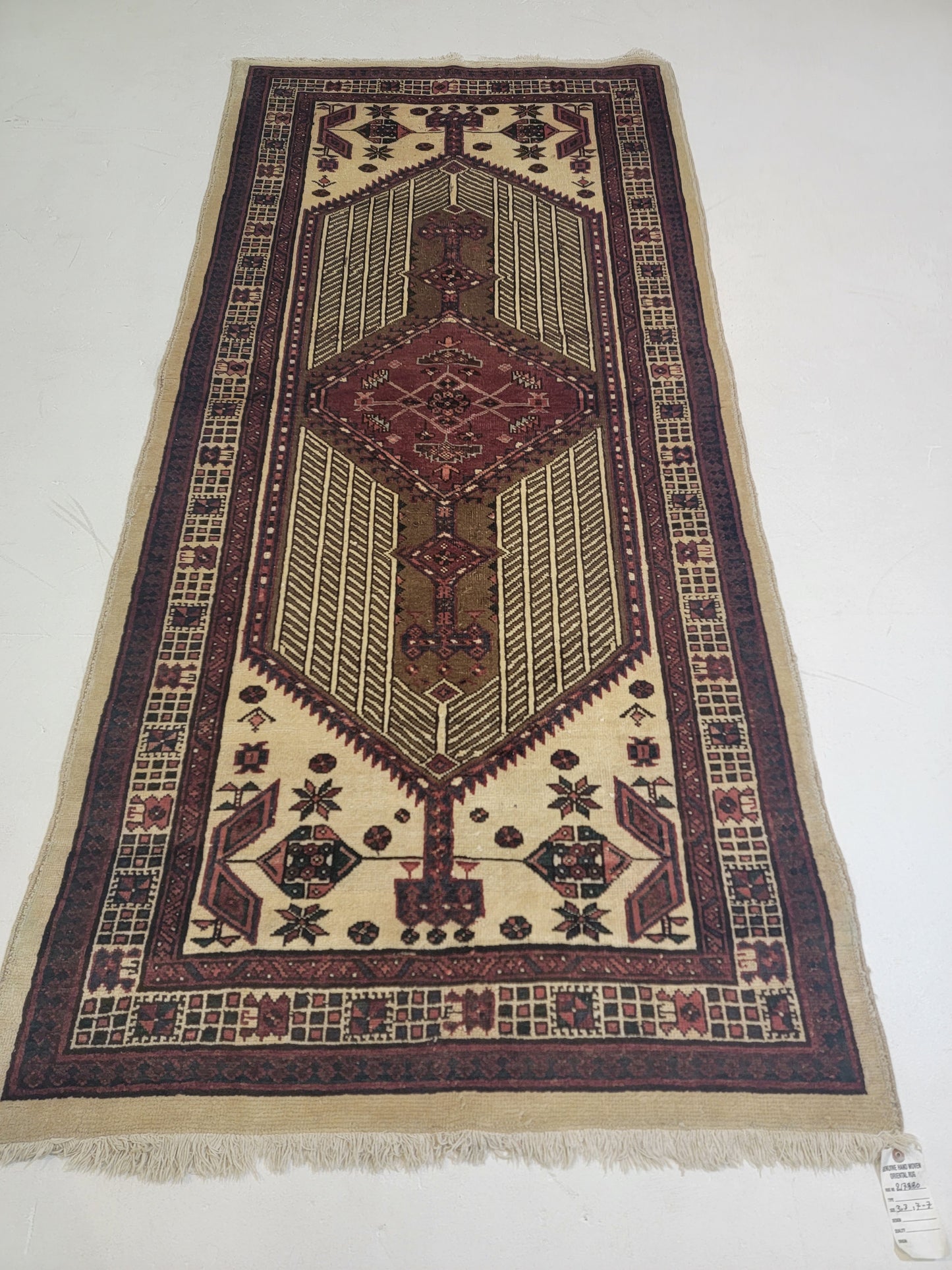 Antique Hand-Knotted Wool Gallery Size Sarab 3'3" x 7'7"