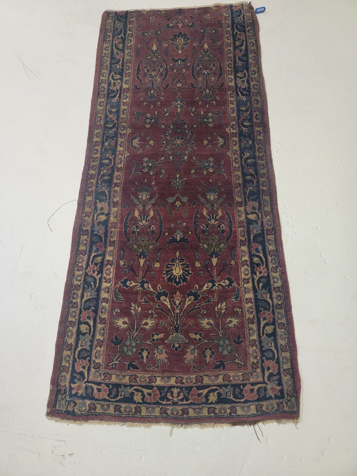 Antique Hand-Knotted Wool Runner Kashan Mohtasham 2' x 4'6"