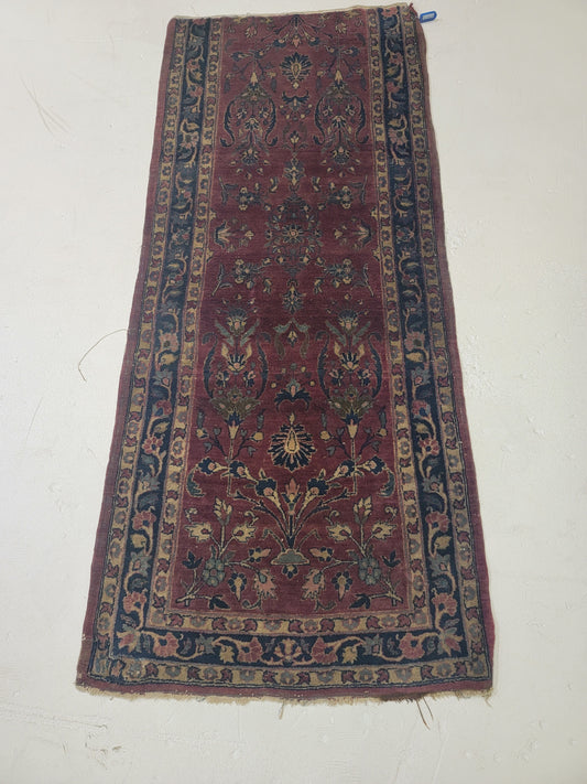 Antique Hand-Knotted Wool Runner Kashan Mohtasham 2' x 4'6"