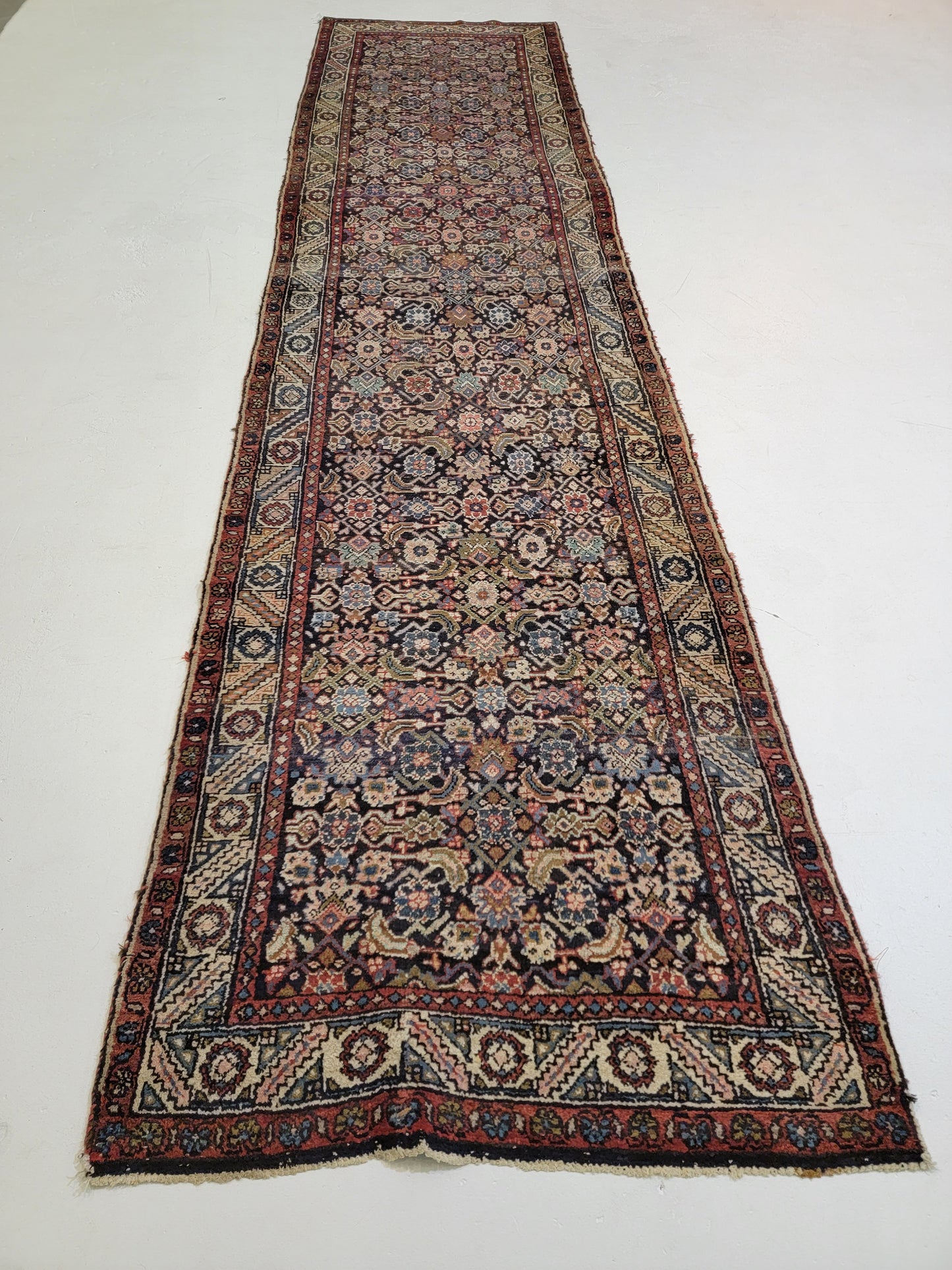 Antique Hand-Knotted Wool Runner Meshkabad 3'5" x 14'