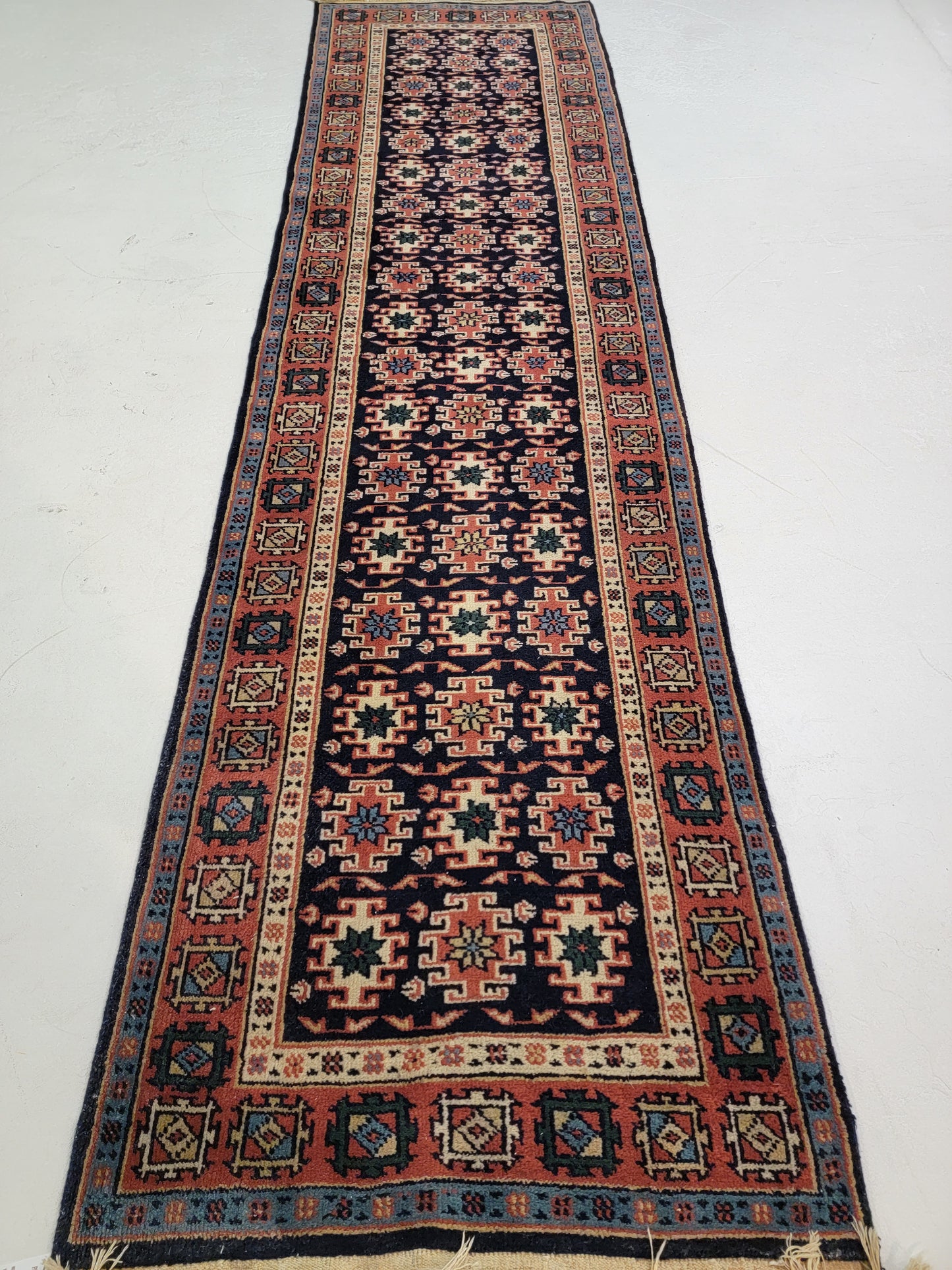 Hand-Knotted Wool Runner Indian 2'8" x 10'