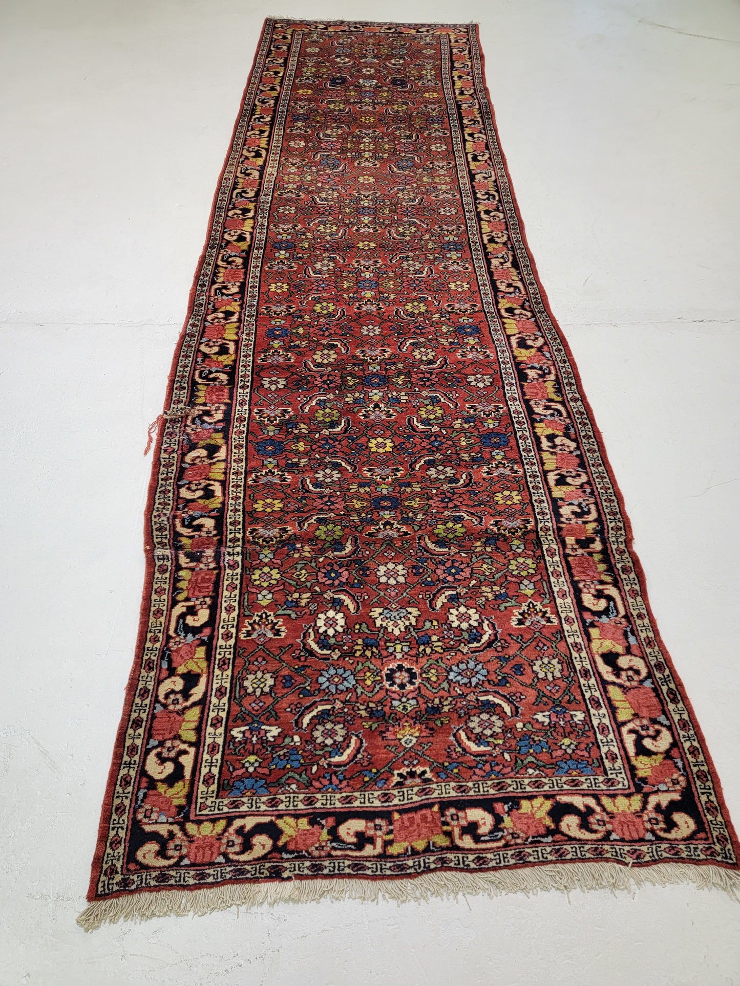 Antique Hand-Knotted Wool Runner Bijar 3'6" x 12'9"