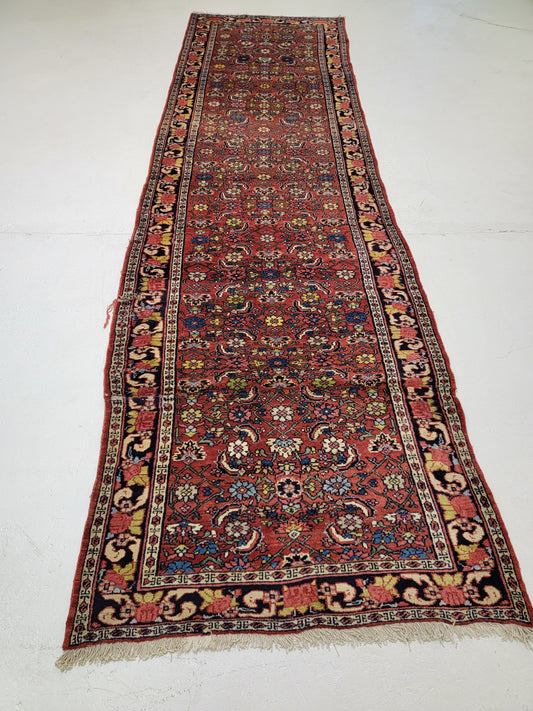 Antique Hand-Knotted Wool Runner Bijar 3'6" x 12'9"