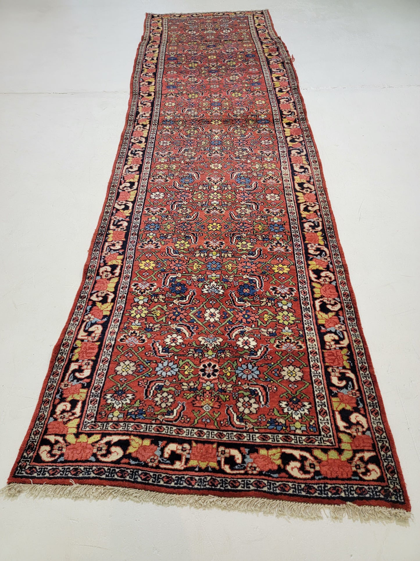 Antique Hand-Knotted Wool Runner Bijar 3'6" x 12'9"