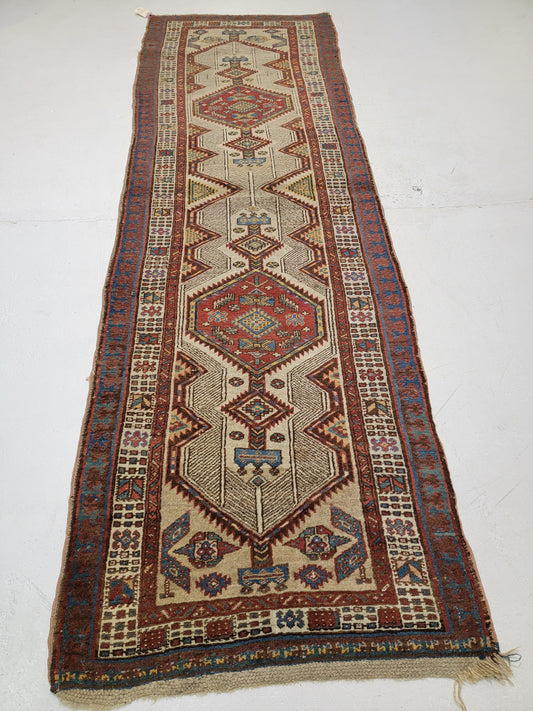 Antique Hand-Knotted Wool Runner Sarab 3'4" x 10'2"