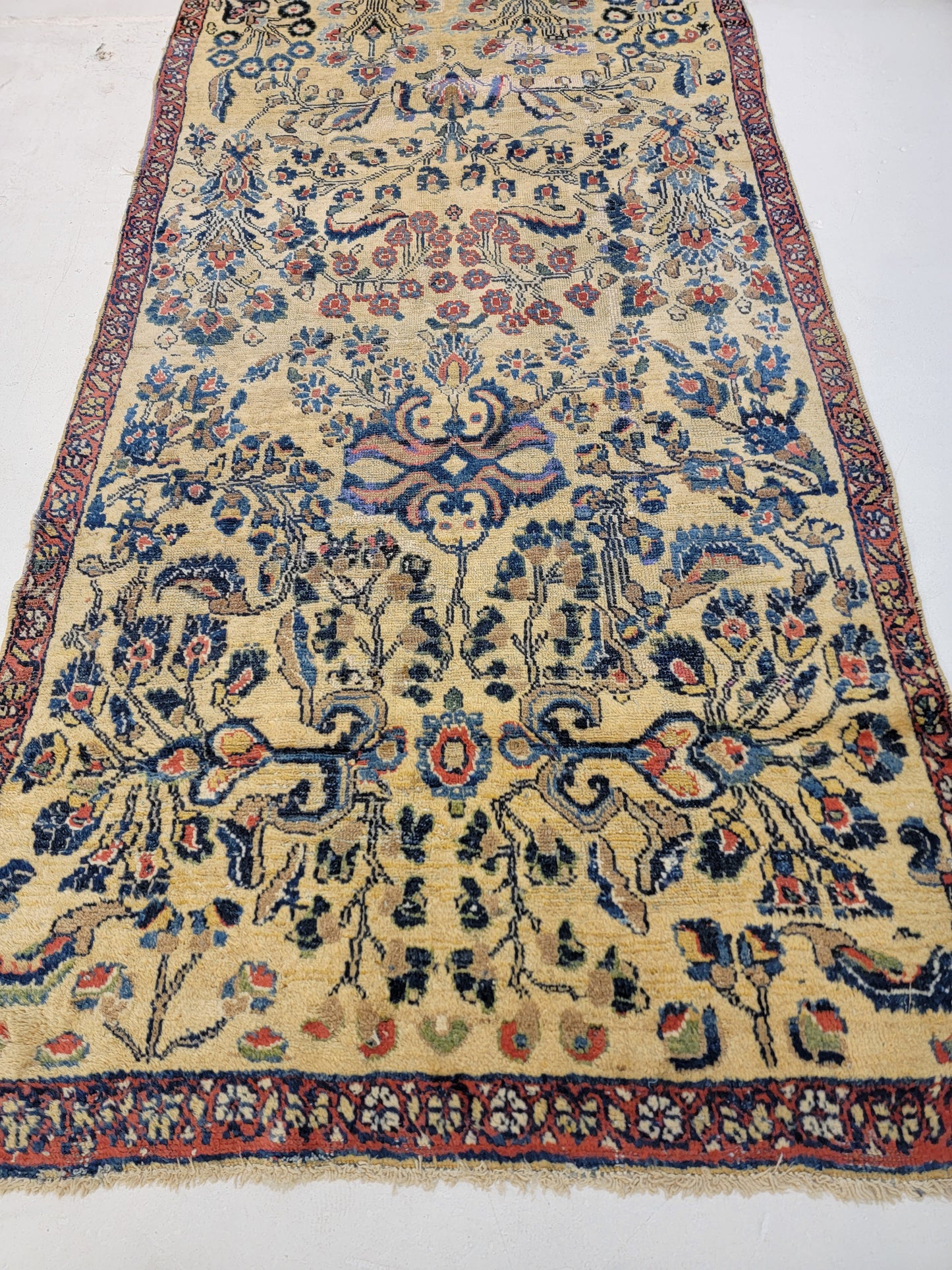 Antique Hand-Knotted Wool Runner Mahal 3'5" x 8'11"