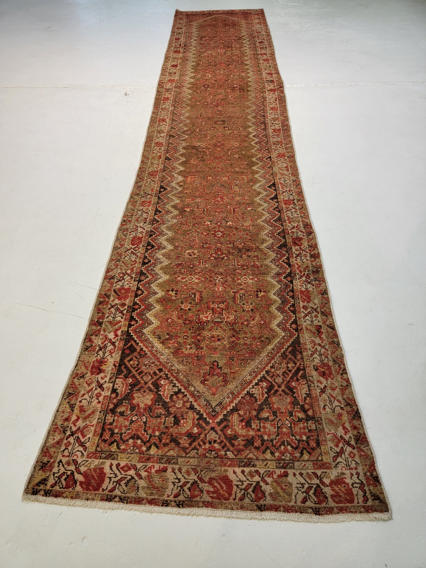 Antique Hand-Knotted Wool Runner Malayer 3' x 16'