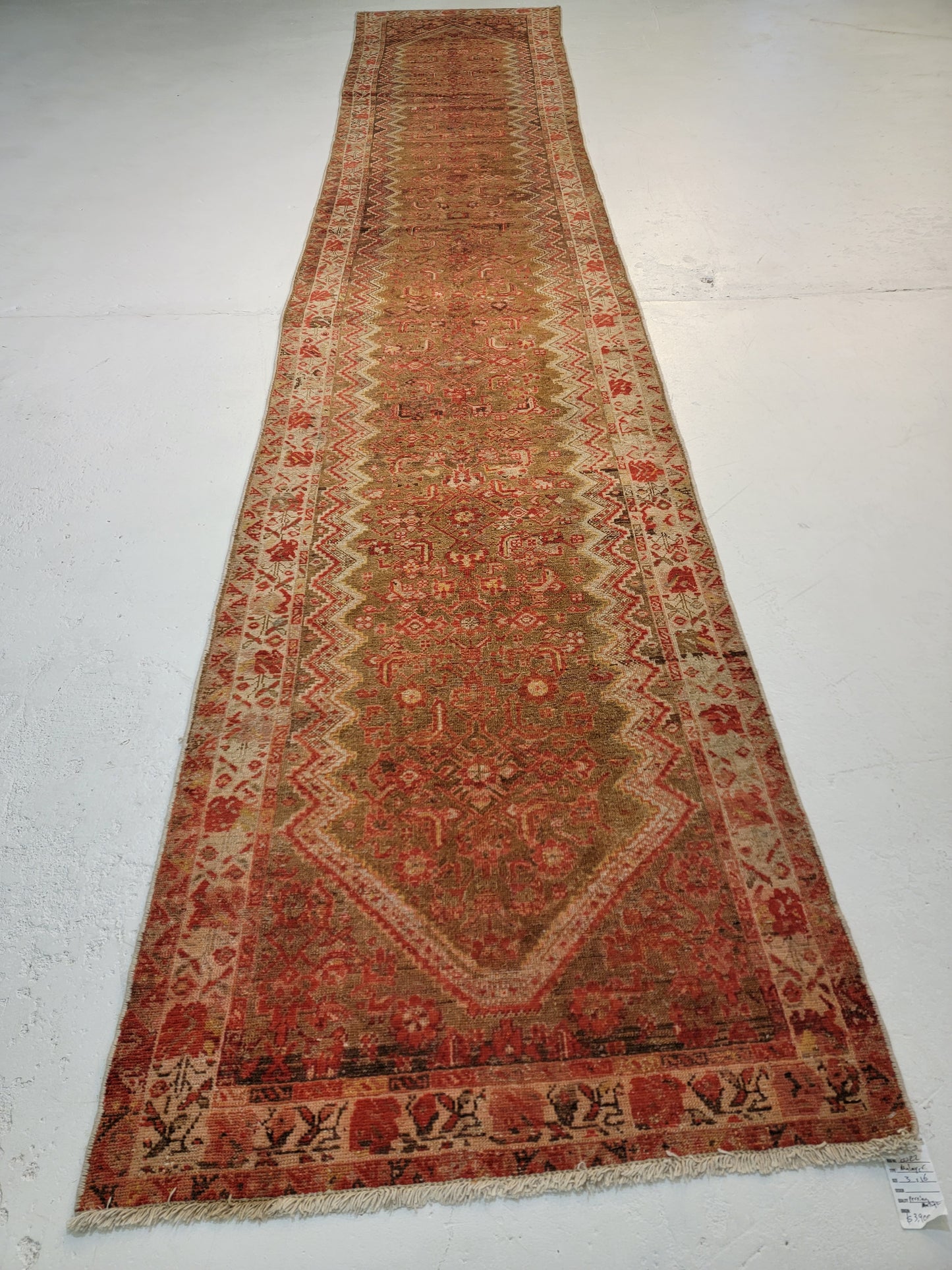 Antique Hand-Knotted Wool Runner Malayer 3' x 16'