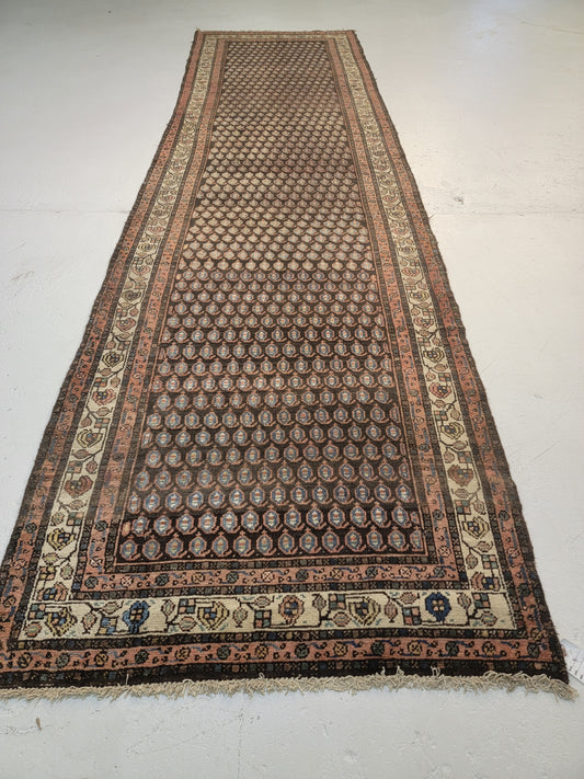 Antique Hand-Knotted Wool Runner Kurdish Mir/Saraband 3'5" x 12'6"