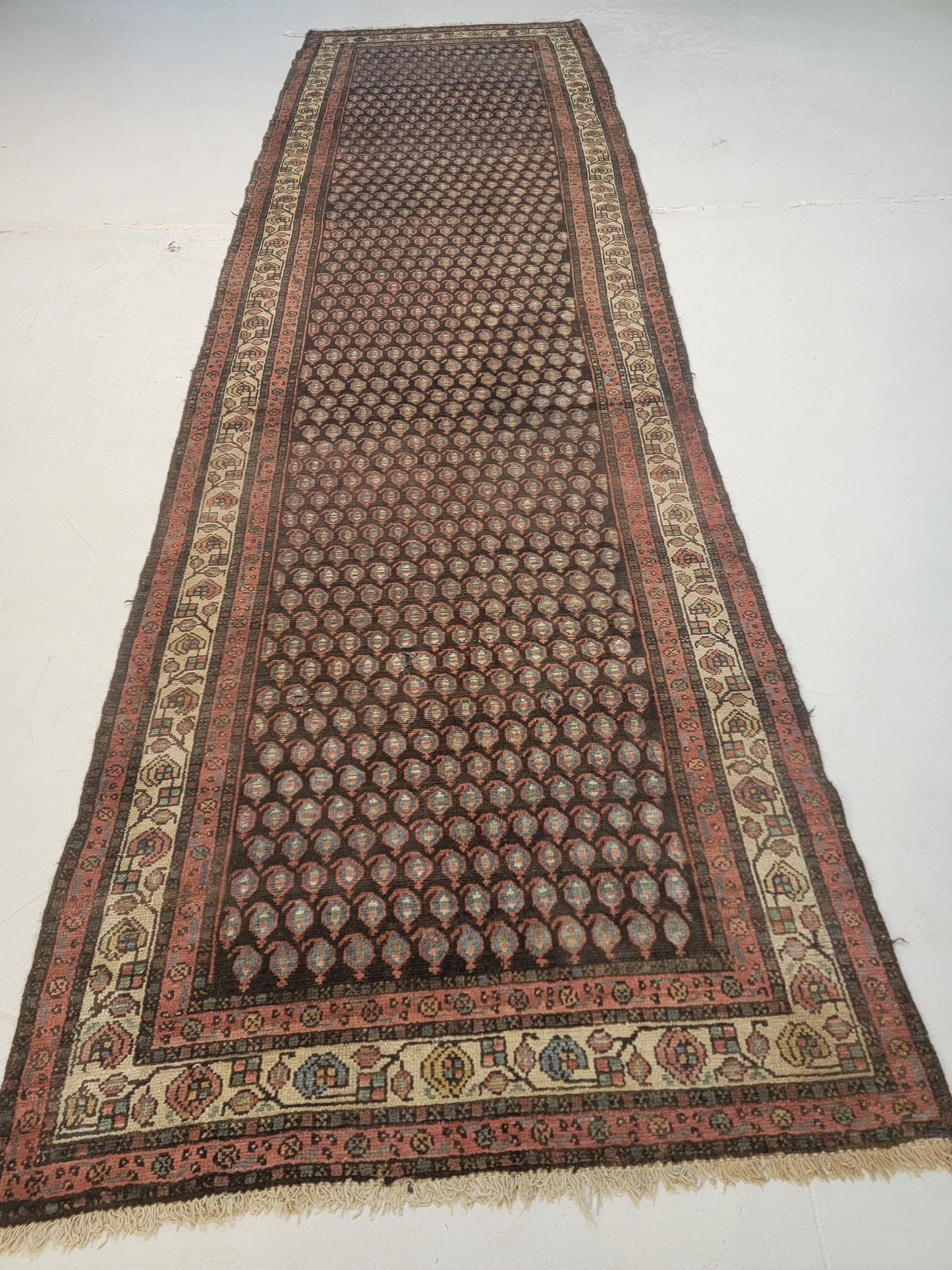 Antique Hand-Knotted Wool Runner Kurdish Mir/Saraband 3'5" x 12'6"