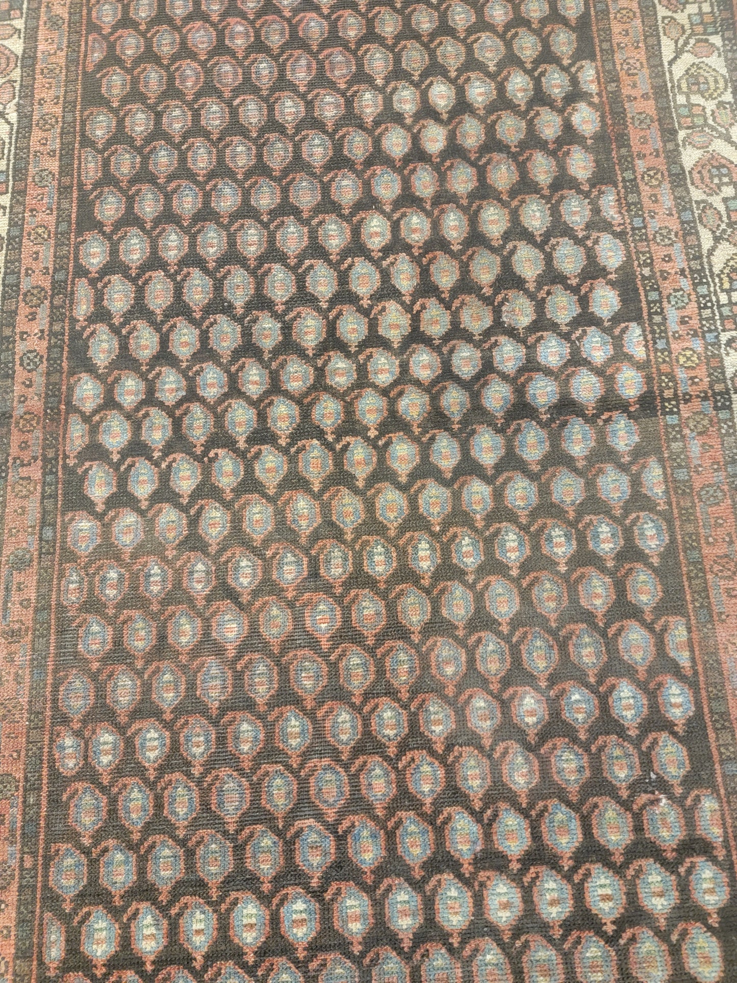 Antique Hand-Knotted Wool Runner Kurdish Mir/Saraband 3'5" x 12'6"