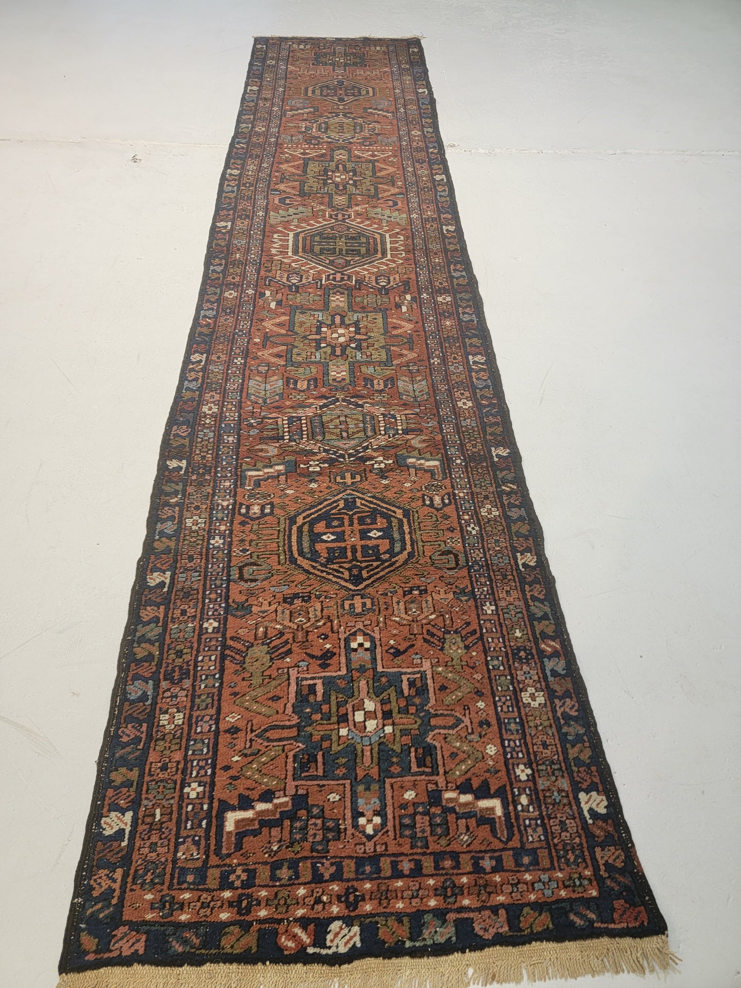 Antique Hand-Knotted Wool Runner Heriz Karajeh 2'5" x 11'3"
