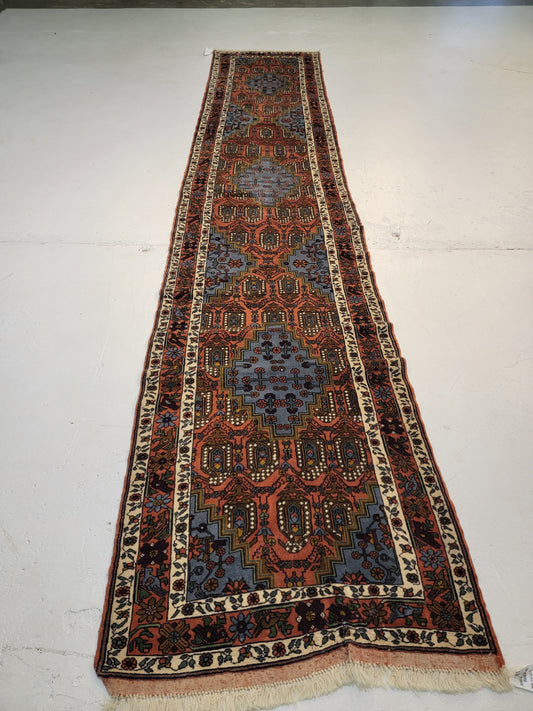 Antique Hand-Knotted Wool Runner Baluch 2'8" x 13'11"