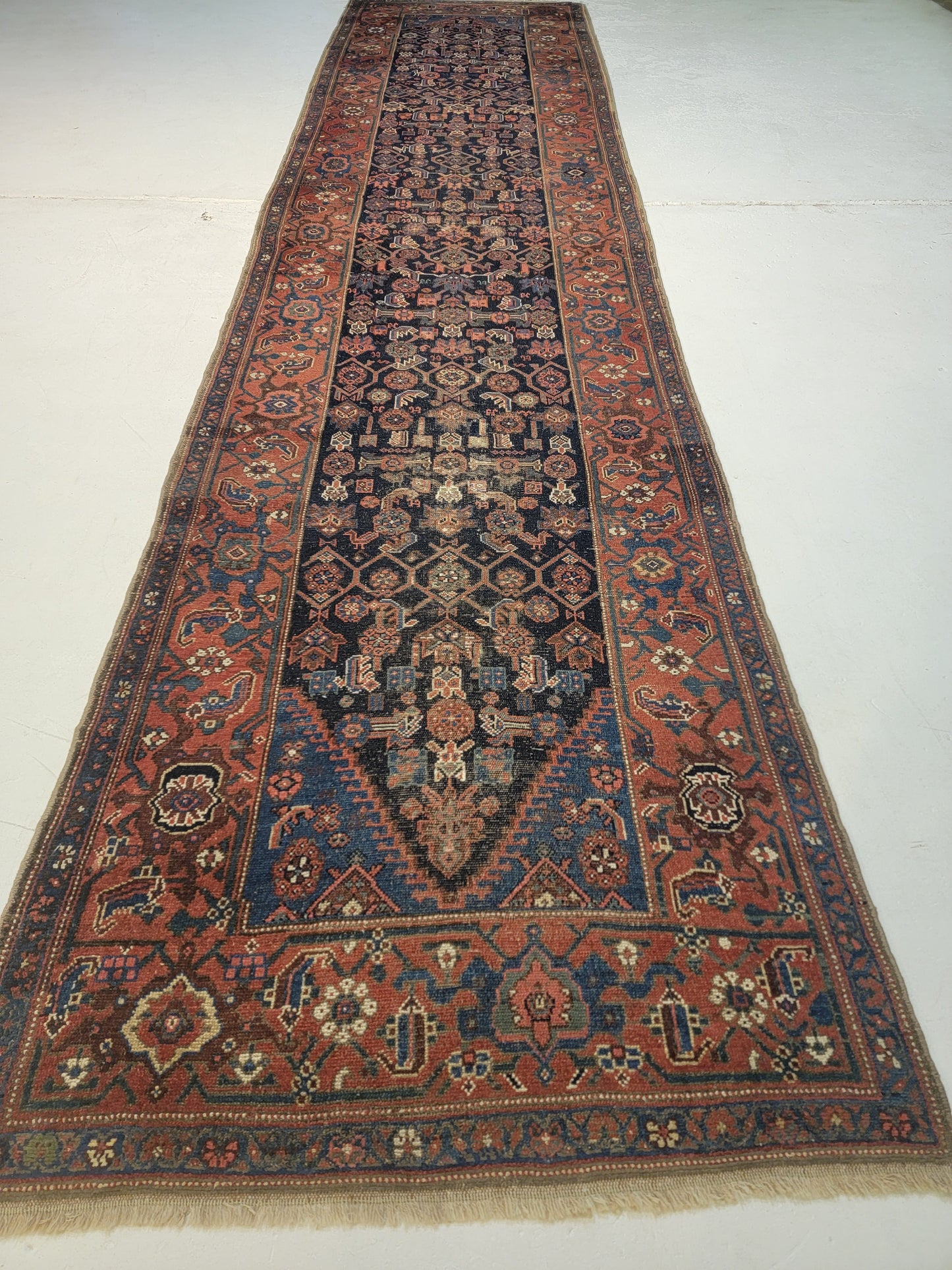 Antique Hand-Knotted Wool Runner Malayer Serapi 3'8" x 16'