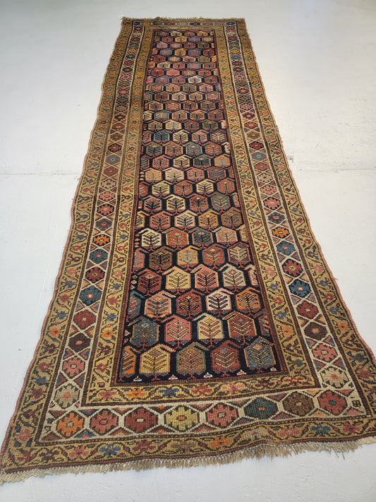 Antique Hand-Knotted Wool Runner Caucasian 3'6" x 10'11"