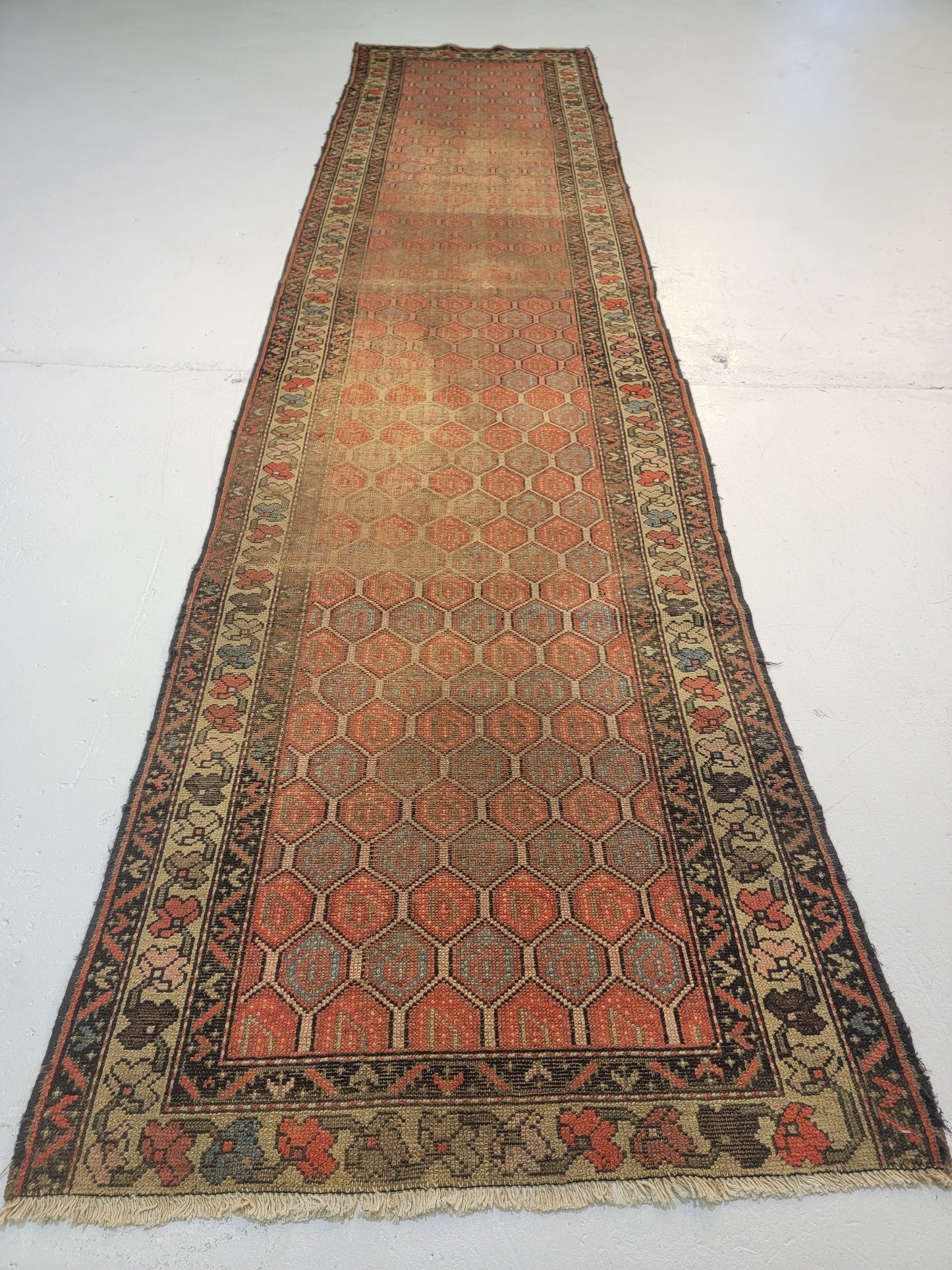 Antique Hand-Knotted Wool Runner Kurdish 3'2" x 12'10"