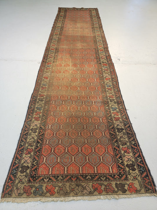 Antique Hand-Knotted Wool Runner Kurdish 3'2" x 12'10"
