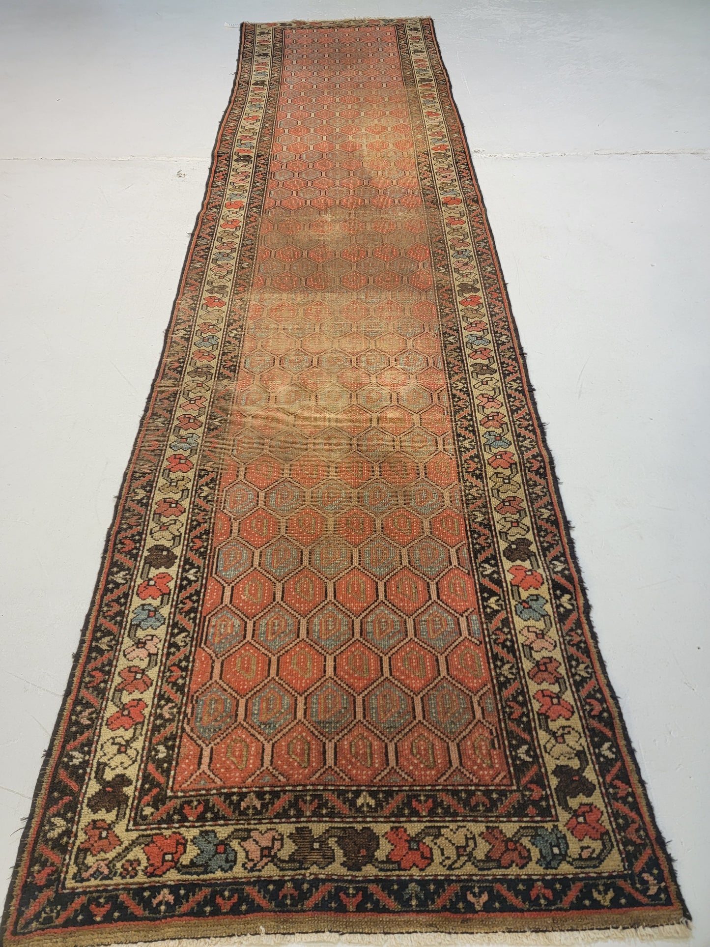 Antique Hand-Knotted Wool Runner Kurdish 3'2" x 12'10"