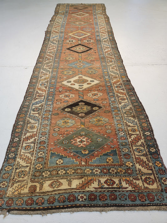 Antique Hand-Knotted Wool Runner Serapi 3'6" x 13'11"