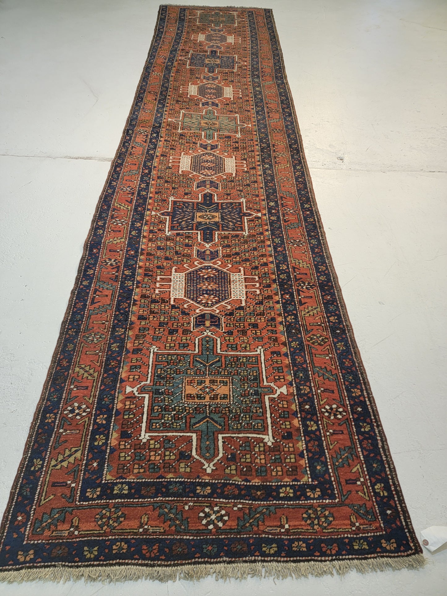 Antique Hand-Knotted Wool Runner Heriz Serapi 3'4" x 14'4"