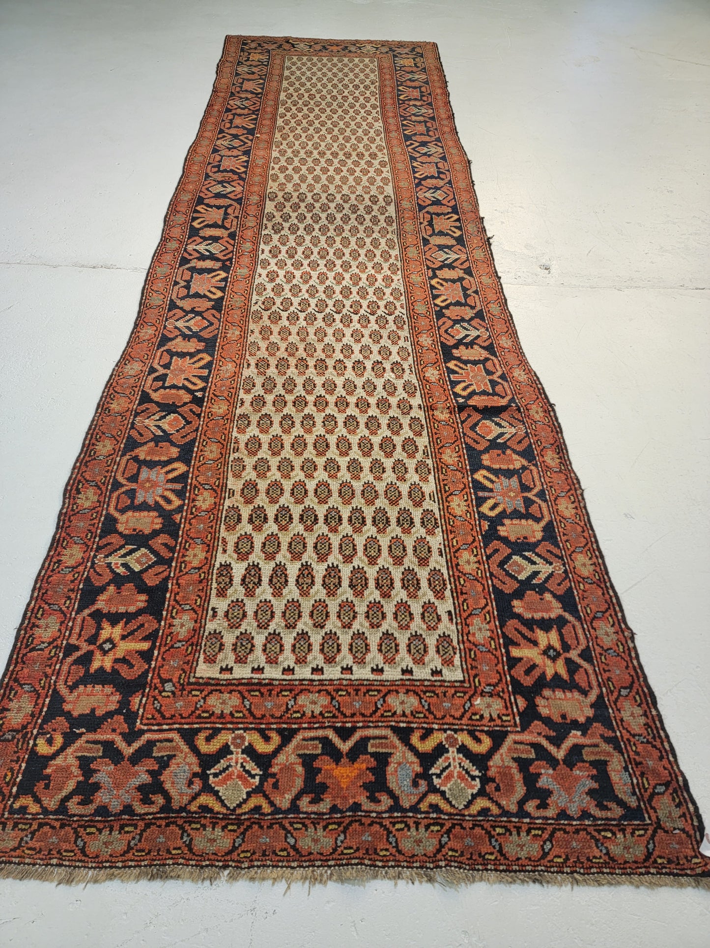 Antique Hand-Knotted Wool Runner Kurdish Mir/Saraband 3'7" x 13'