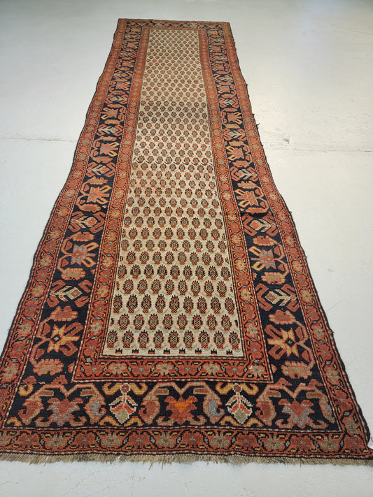 Antique Hand-Knotted Wool Runner Kurdish Mir/Saraband 3'7" x 13'