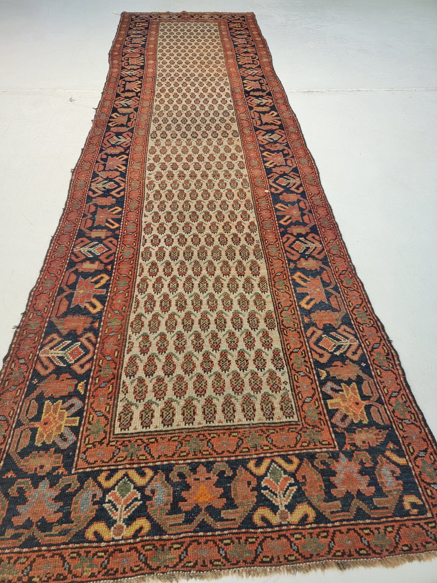 Antique Hand-Knotted Wool Runner Kurdish Mir/Saraband 3'7" x 13'