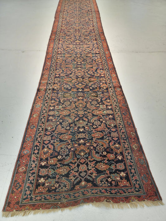 Antique Hand-Knotted Wool Runner Kurdish Herati 2'10" x 14'9"