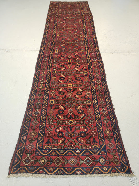 Antique Hand-Knotted Wool Runner Hamedan Herati 2'5" x 9'8"