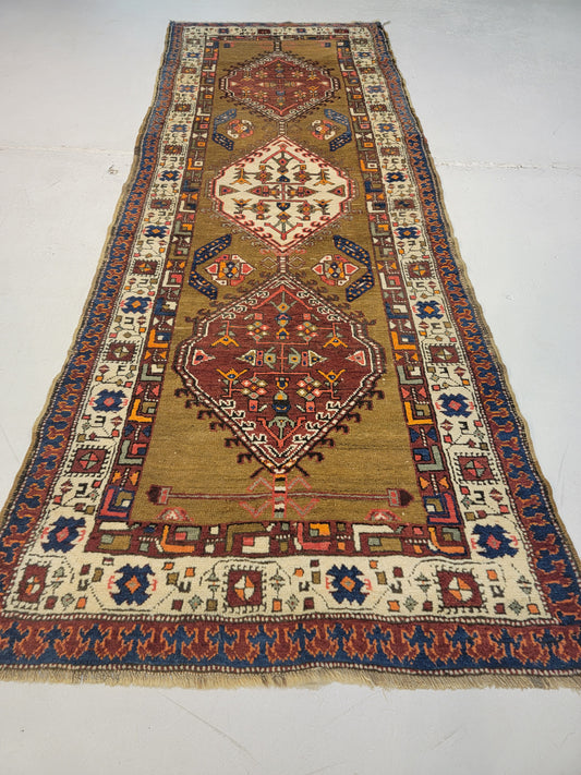 Antique Hand-Knotted Wool Runner Serapi Camel Hair 3'6" x 9'4"