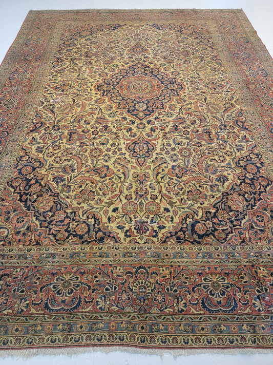 Antique Hand-Knotted Wool Area Rug Kashan 8'4" x 11'7"